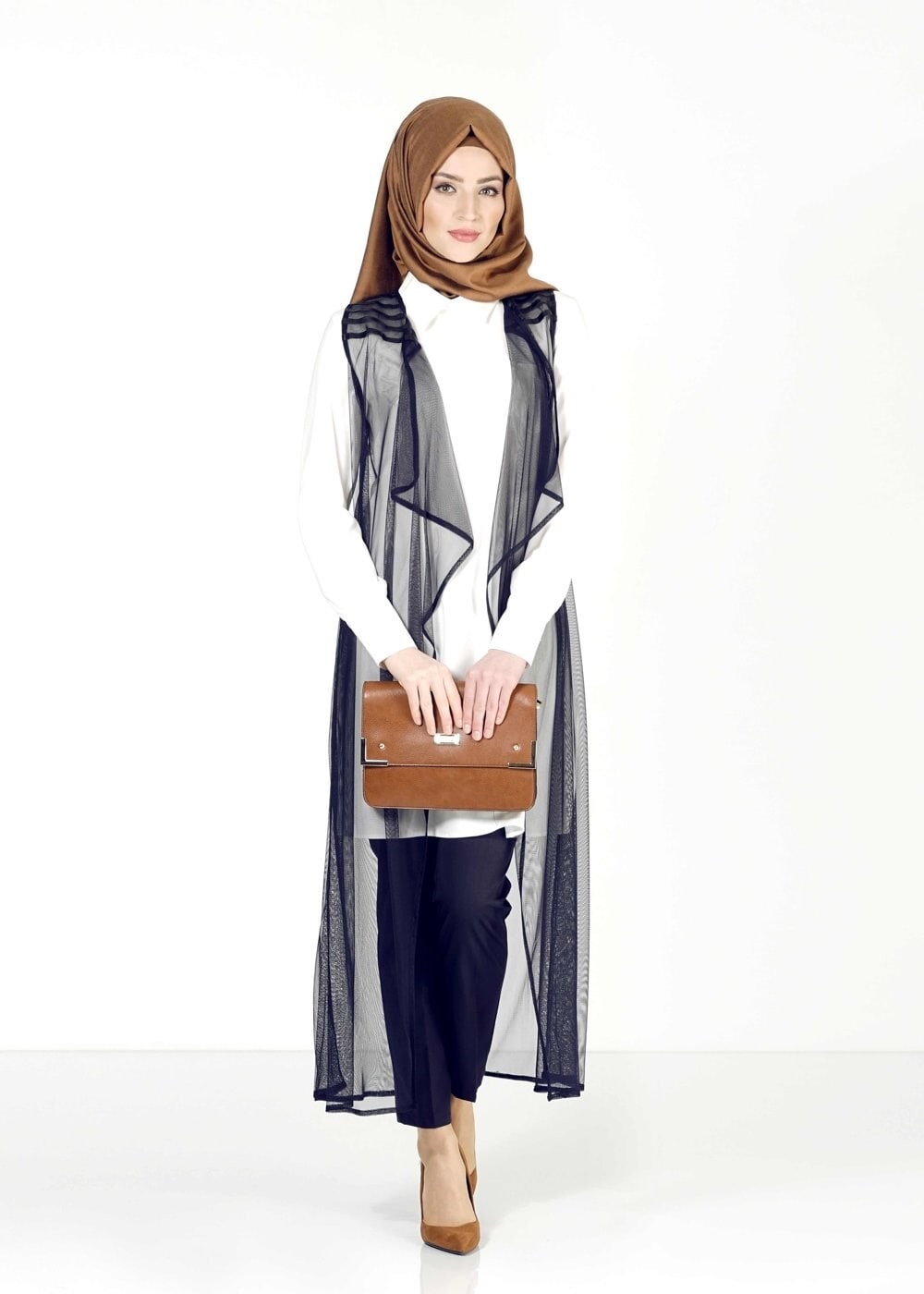 Tesettür giyim LACİVERT ASİMETRİK KESİM TÜL YELEK 4027 