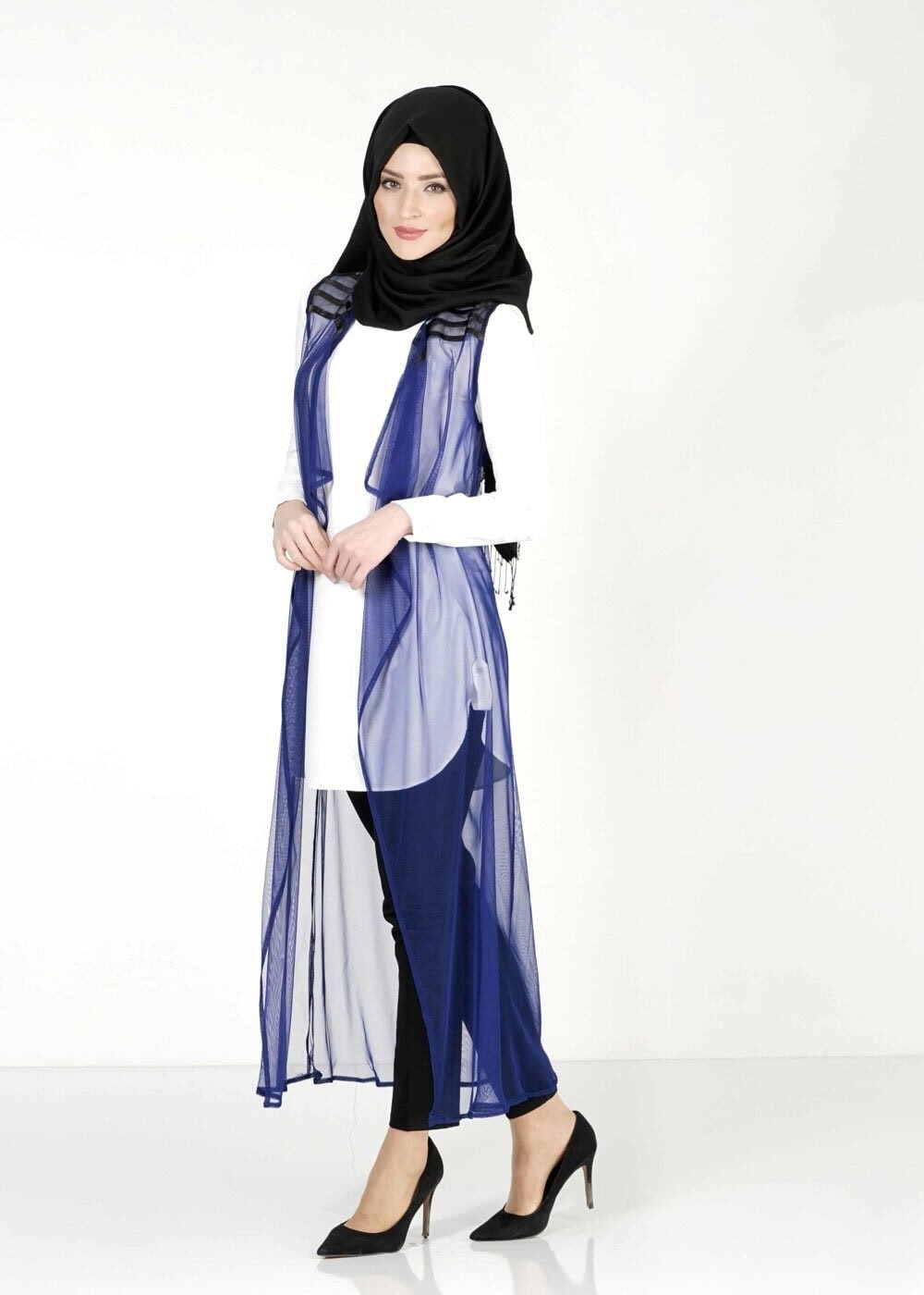 Tesettür giyim LACİVERT ASİMETRİK KESİM TÜL YELEK 4027 