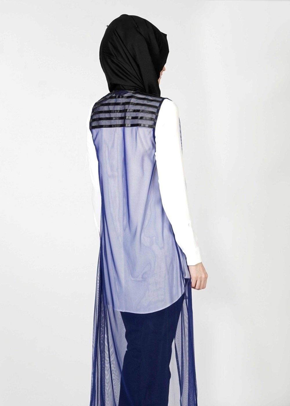 Tesettür giyim LACİVERT ASİMETRİK KESİM TÜL YELEK 4027 