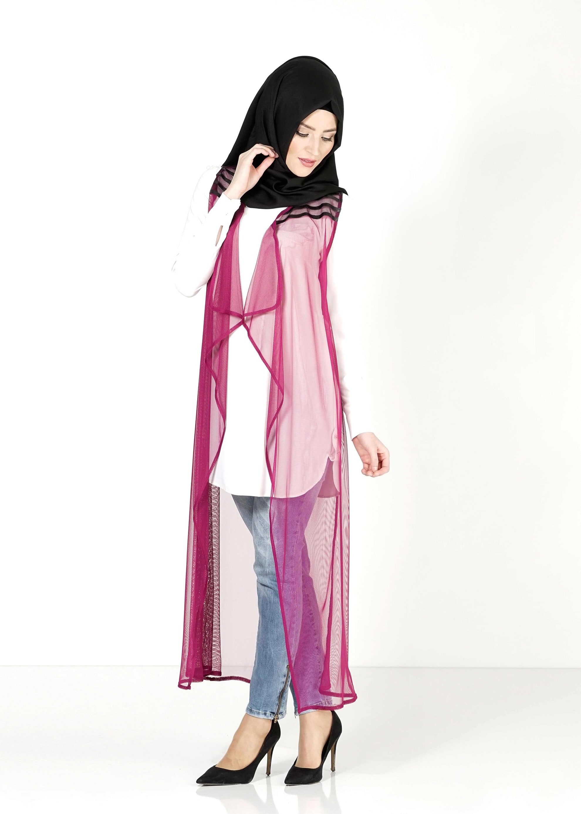 Tesettür giyim MOR ASİMETRİK KESİM TÜL YELEK 4027 