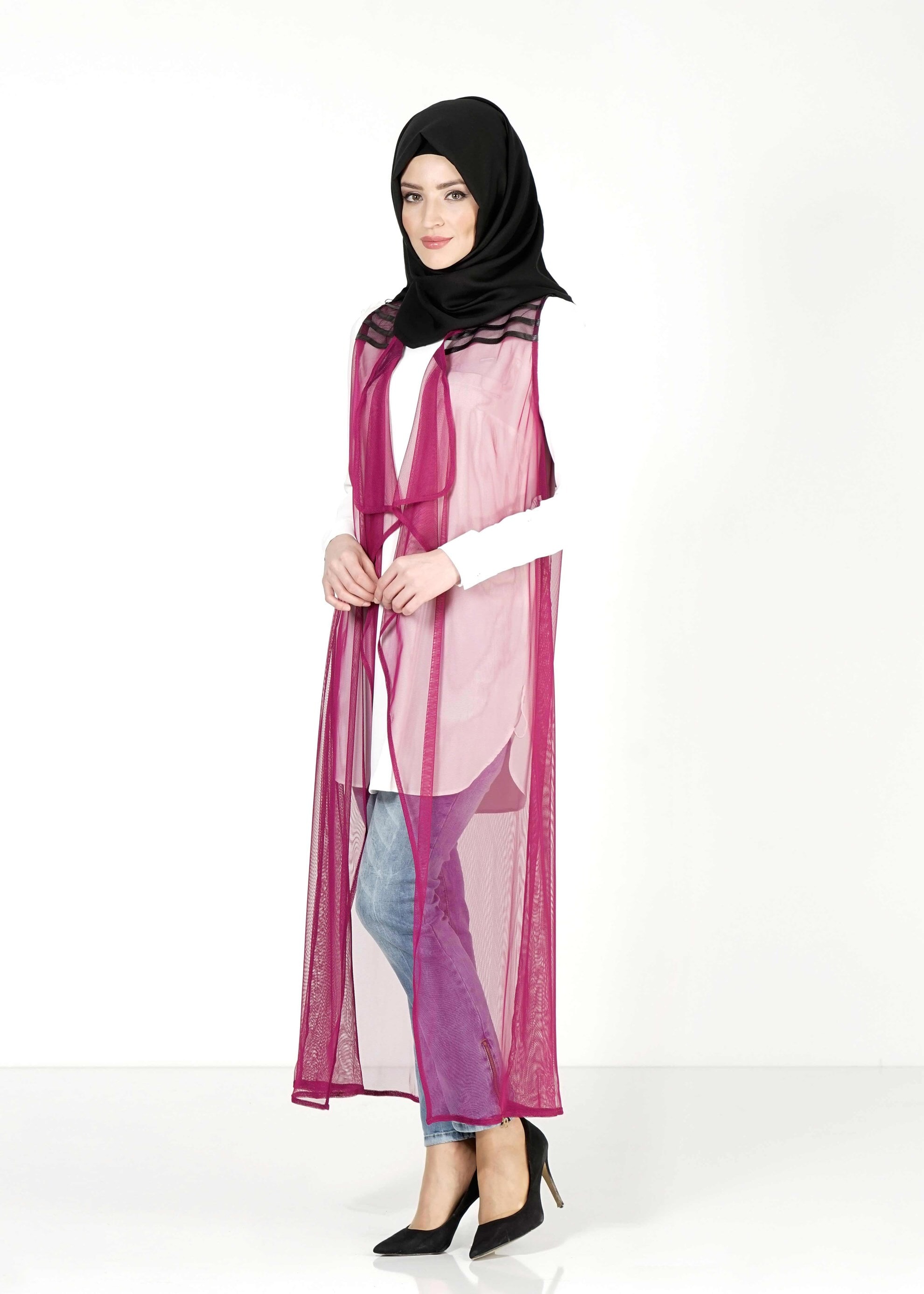 Tesettür giyim MOR ASİMETRİK KESİM TÜL YELEK 4027 
