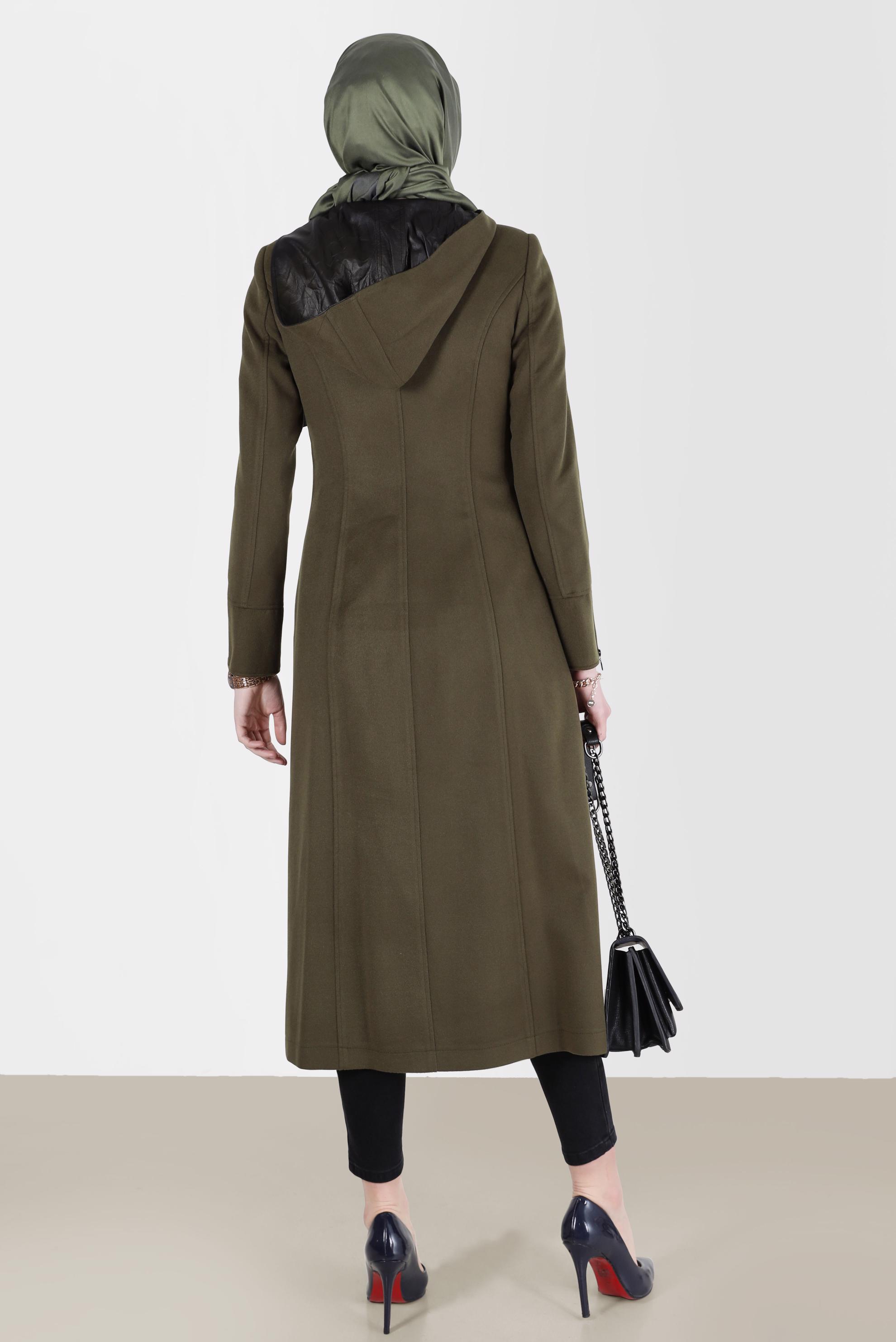Tesettür giyim YEŞİL KAPÜŞONLU GÜPÜR DETAYLI KABAN 9360 