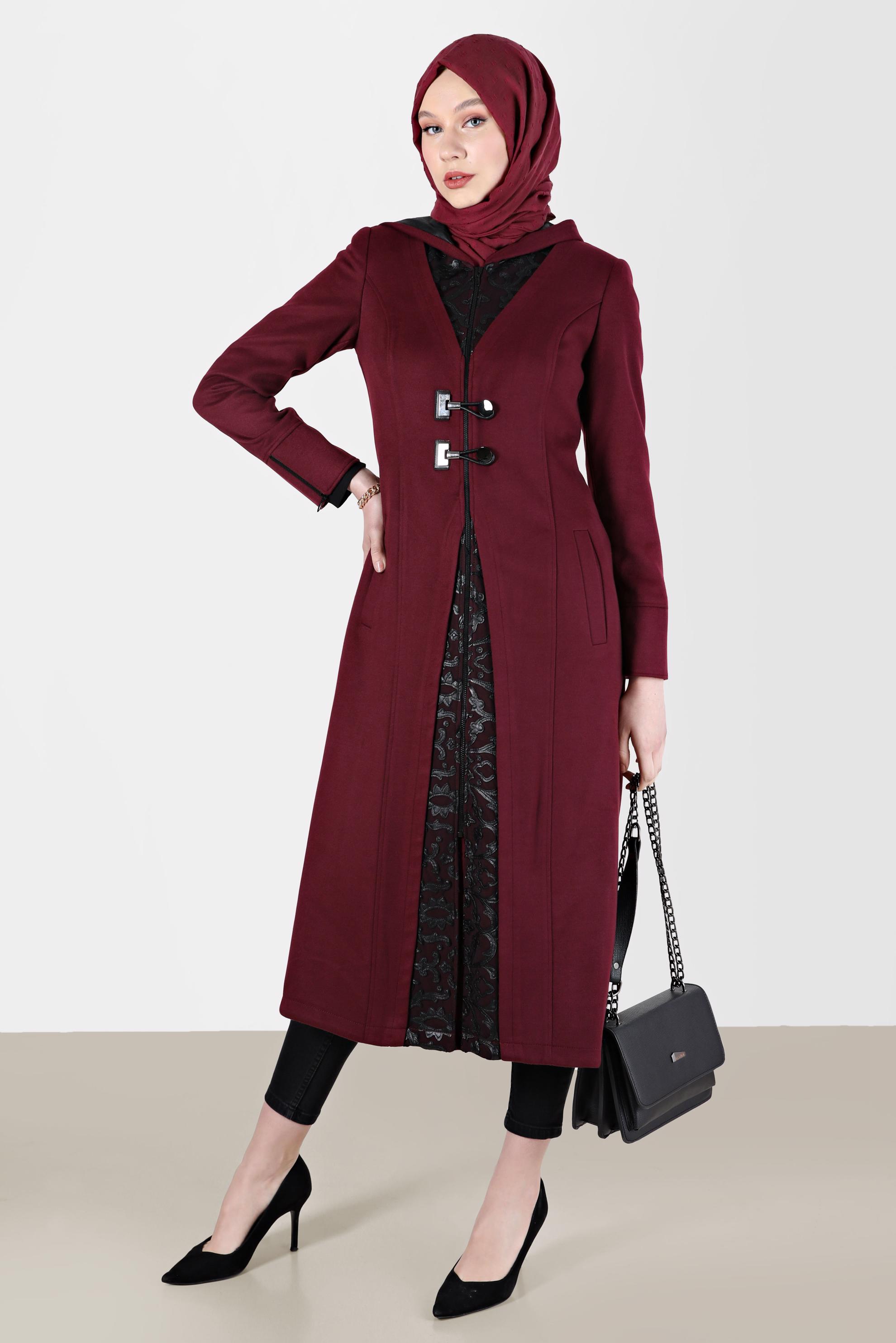 Tesettür giyim MOR KAPÜŞONLU GÜPÜR DETAYLI KABAN 9360 