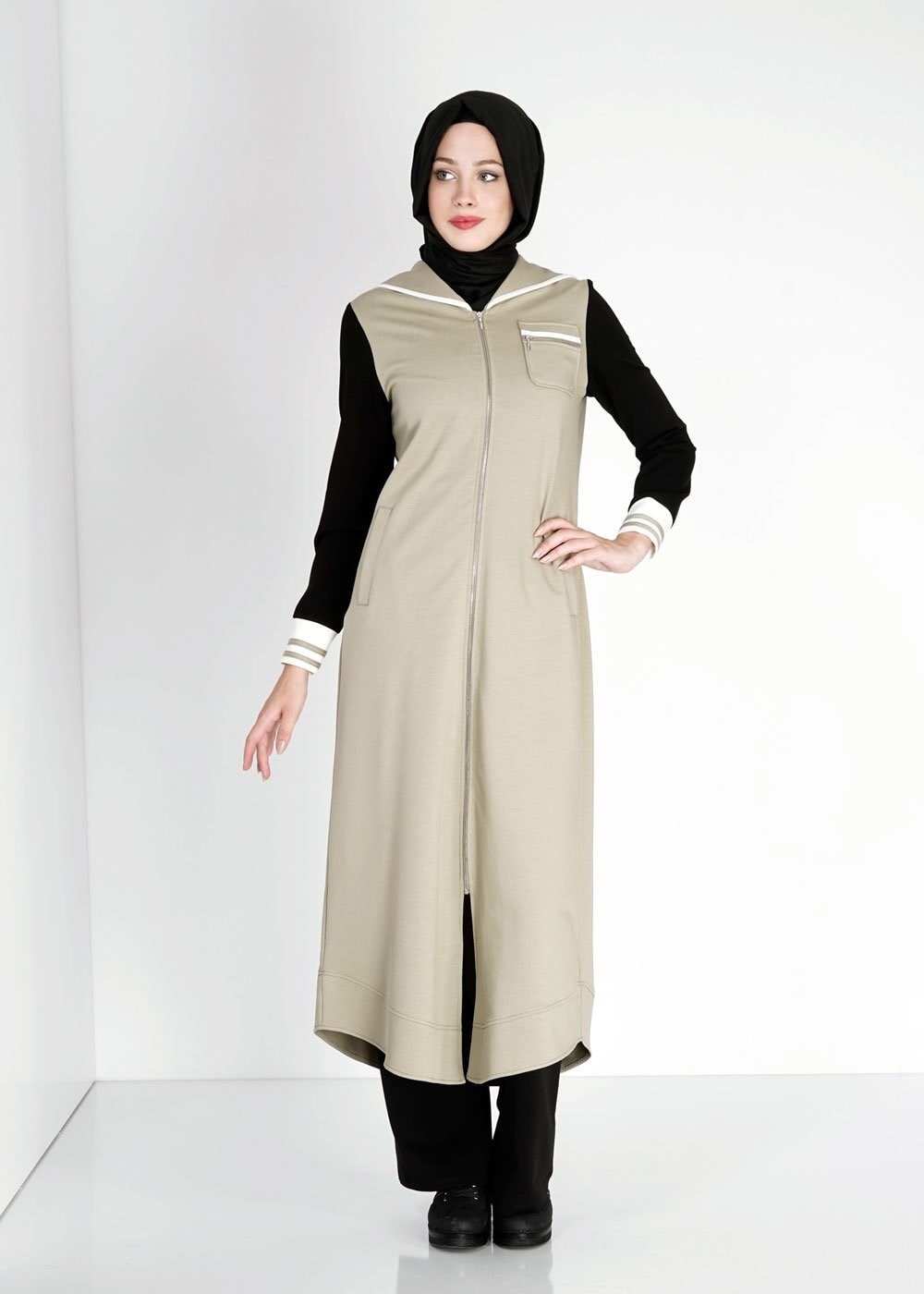 Hijab clothing KHAKI HOODED ZIPPED SPORT TUNIC 4782 