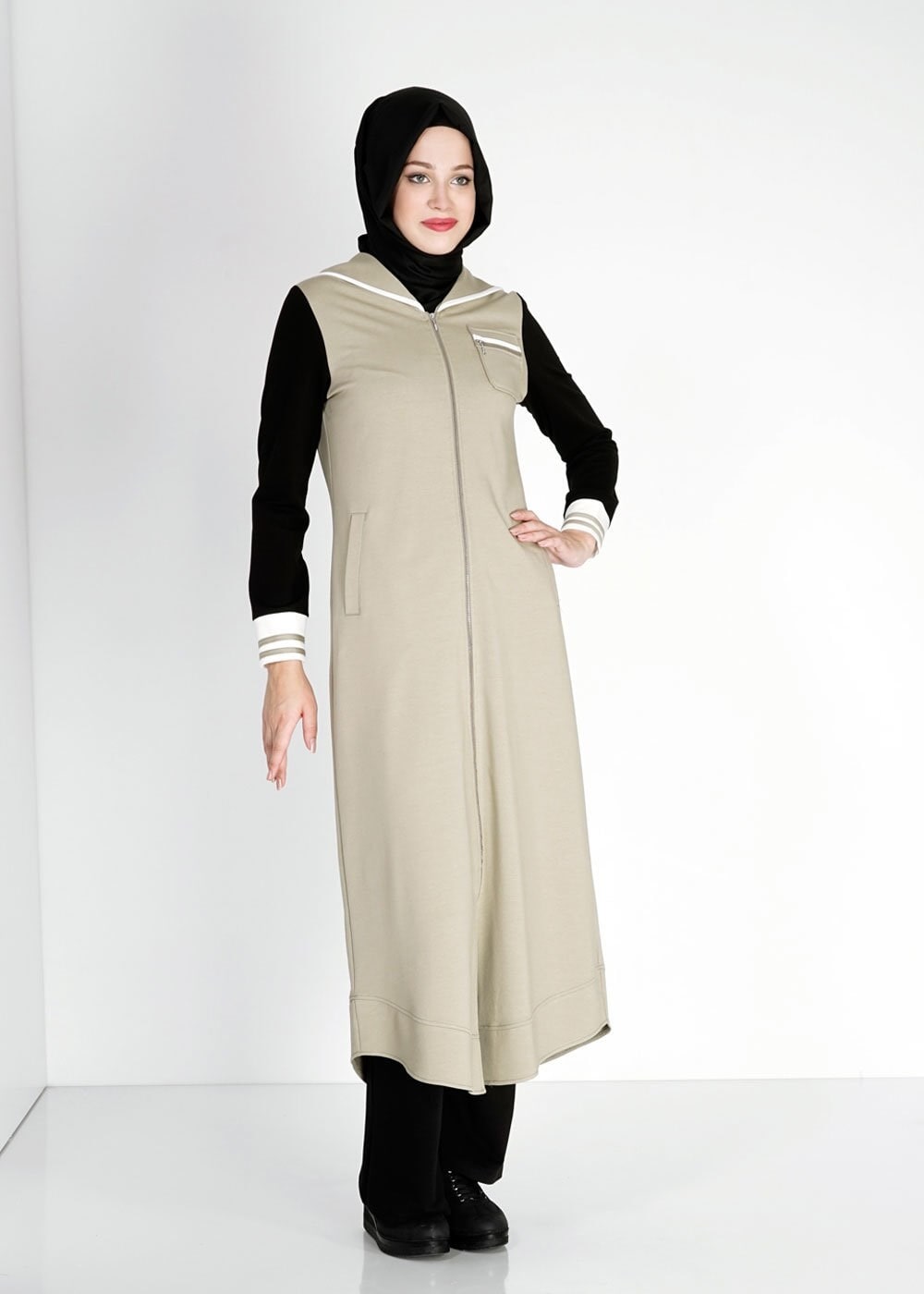 Hijab clothing KHAKI HOODED ZIPPED SPORT TUNIC 4782 
