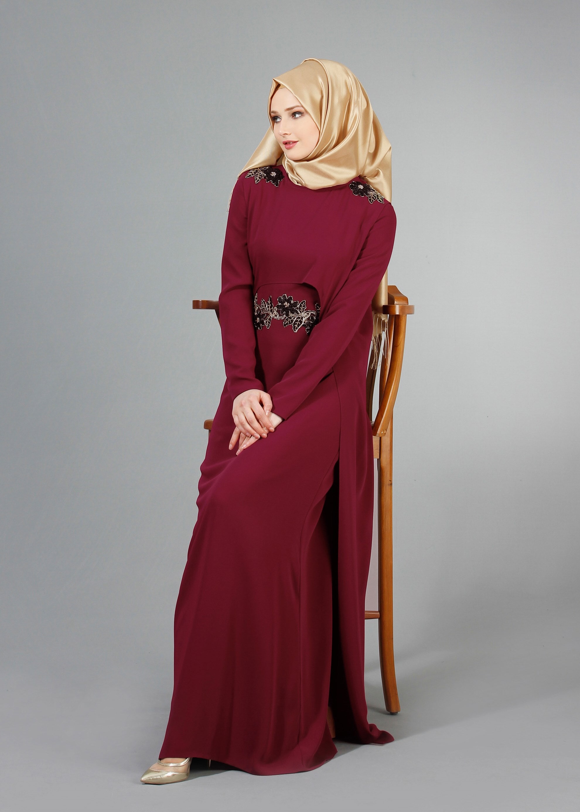 Tesettür giyim BORDO 5165 Adriana 2&prime;li Elbiseli Tesettür Abiye 38/44 TEK38