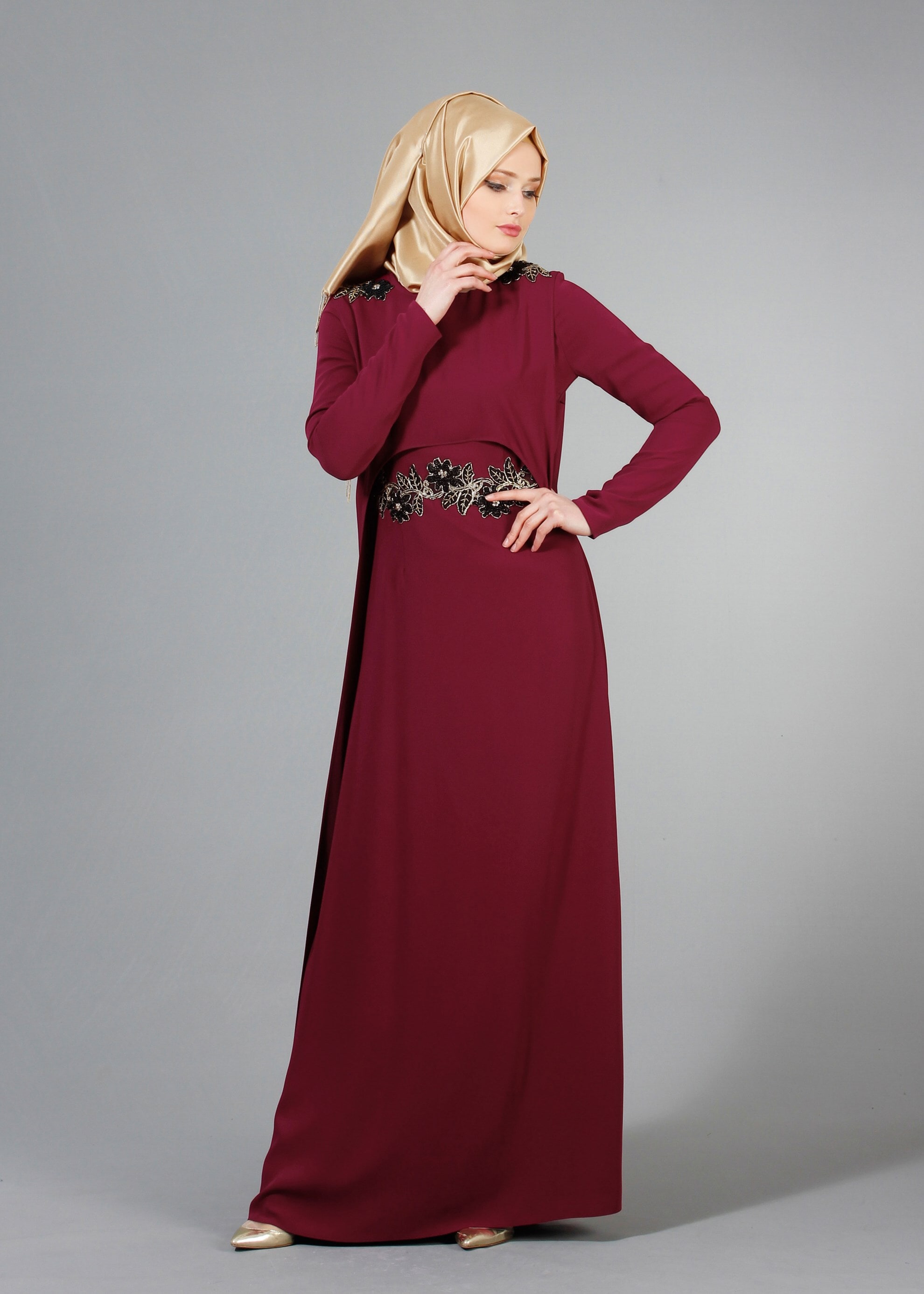 Tesettür giyim BORDO 5165 Adriana 2&prime;li Elbiseli Tesettür Abiye 38/44 TEK38