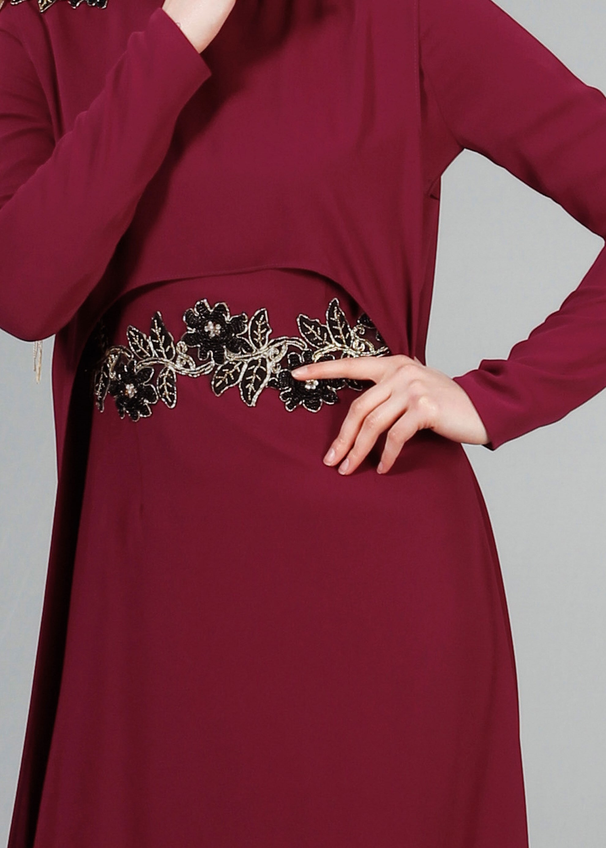 Tesettür giyim BORDO 5165 Adriana 2&prime;li Elbiseli Tesettür Abiye 38/44 TEK38