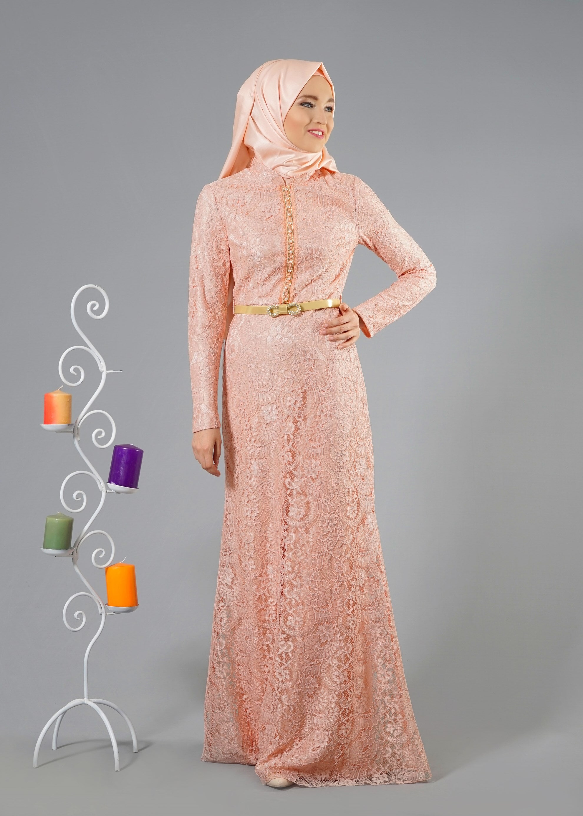 Tesettür giyim PUDRA İŞLEMELİ DÜĞME DETAYLI ABİYE ELBİSE 5172