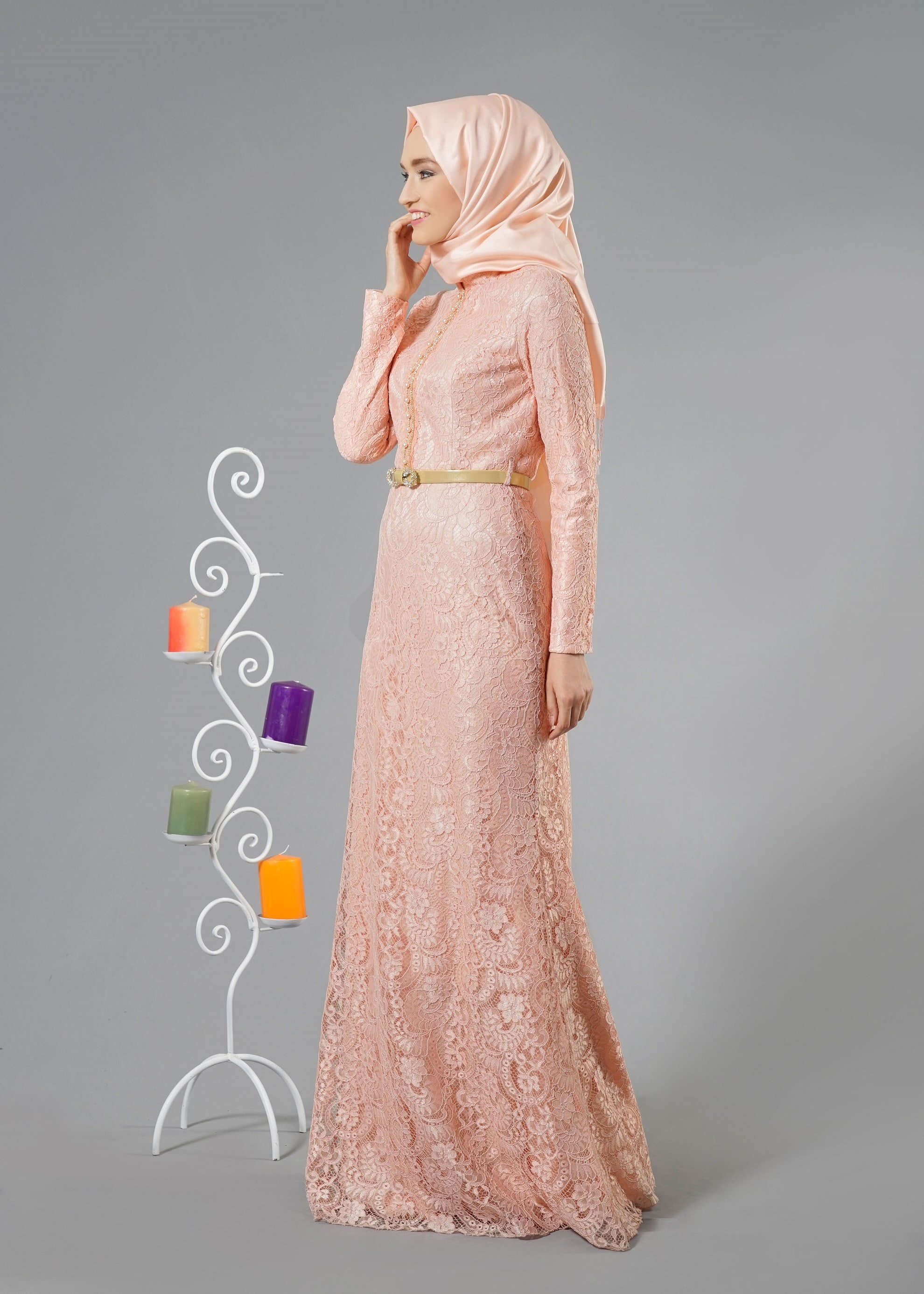 Tesettür giyim PUDRA İŞLEMELİ DÜĞME DETAYLI ABİYE ELBİSE 5172