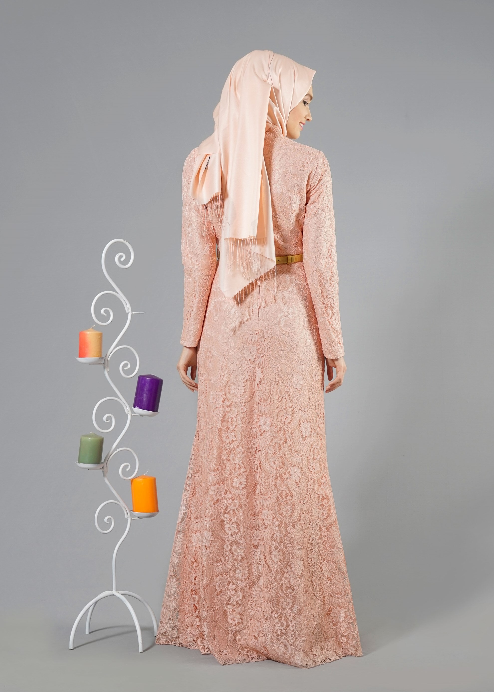 Tesettür giyim PUDRA İŞLEMELİ DÜĞME DETAYLI ABİYE ELBİSE 5172