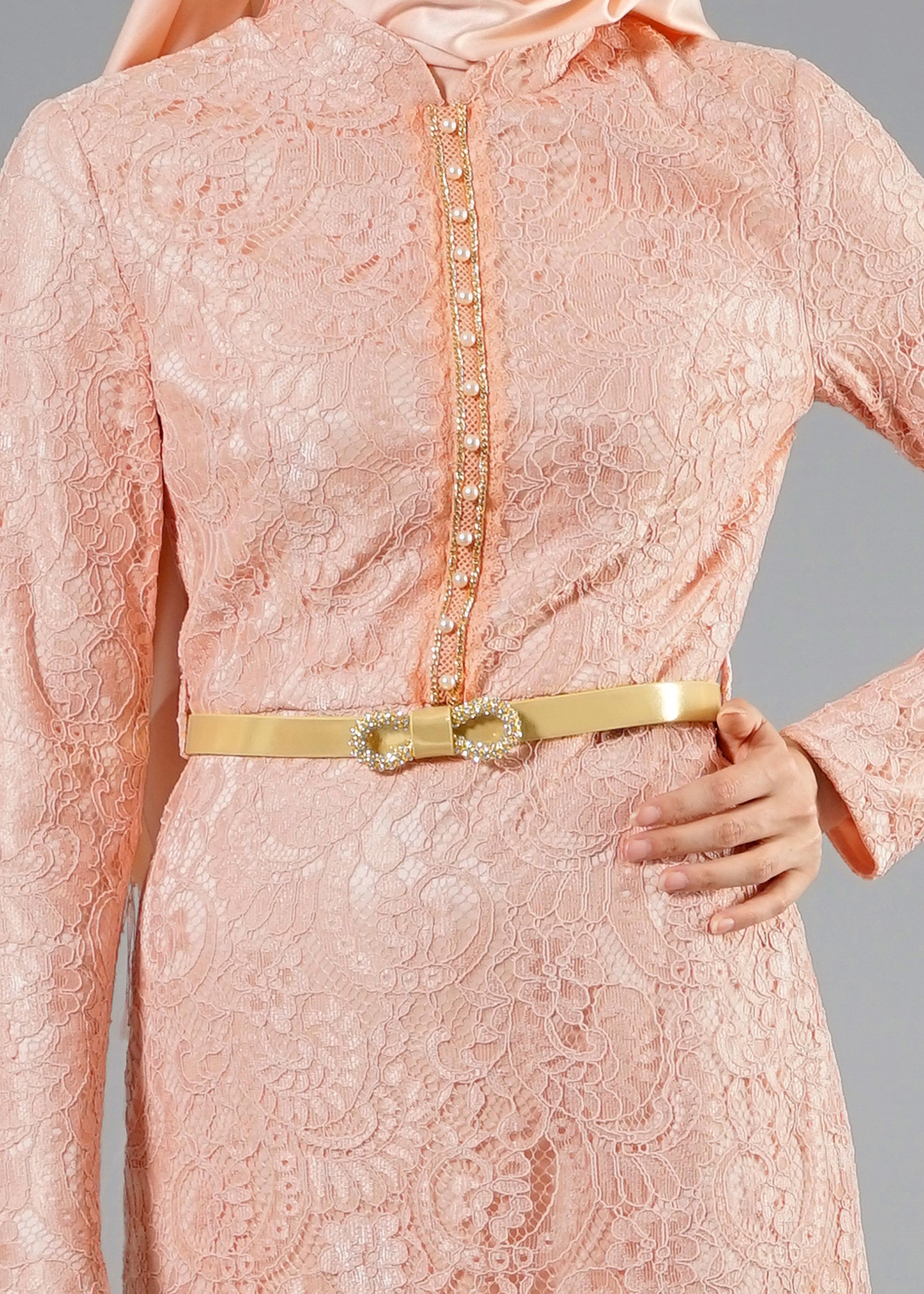 Tesettür giyim PUDRA İŞLEMELİ DÜĞME DETAYLI ABİYE ELBİSE 5172