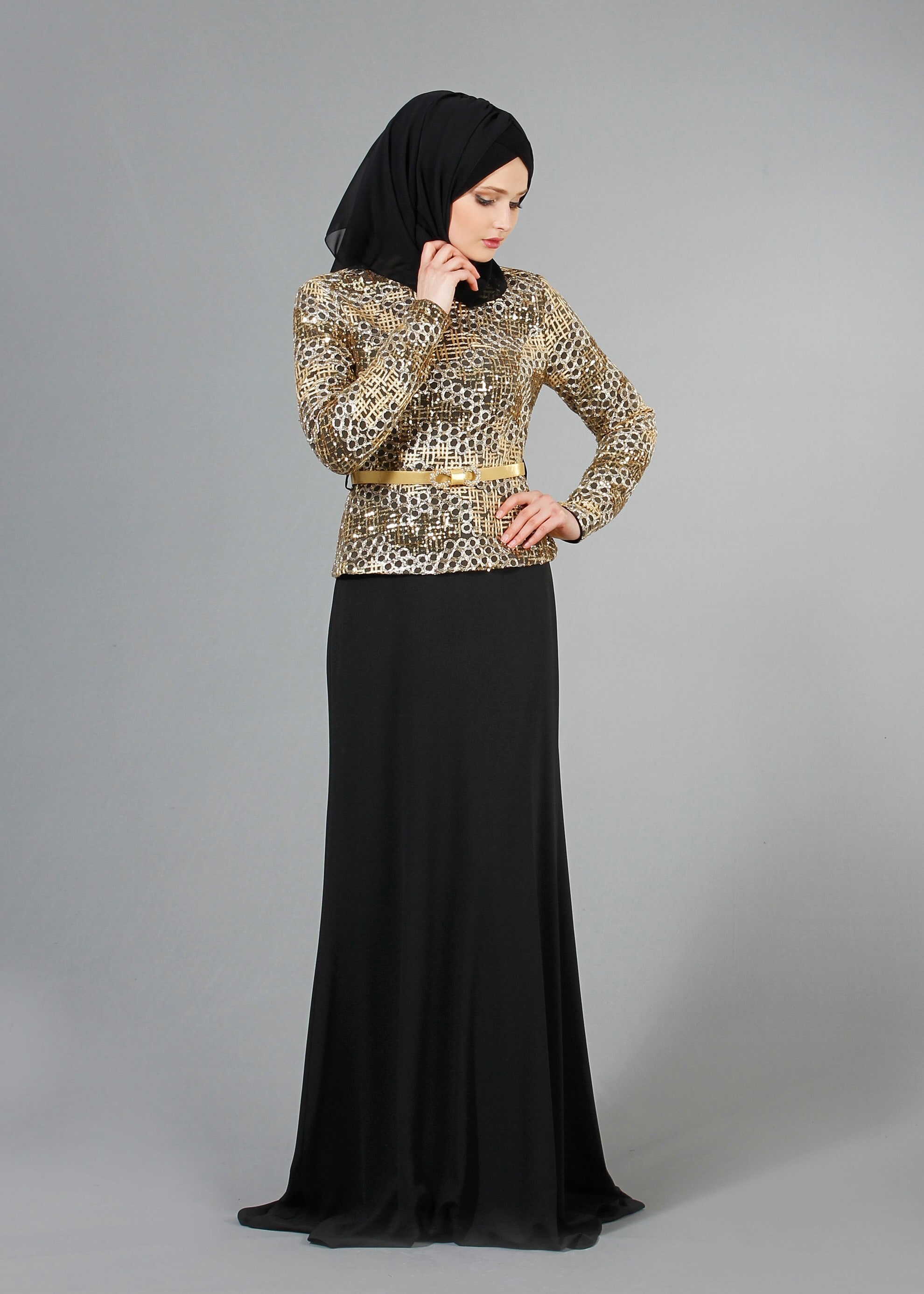 Tesettür giyim SİYAH DESENLİ BİSİKLET YAKA ABİYE ELBİSE 5174