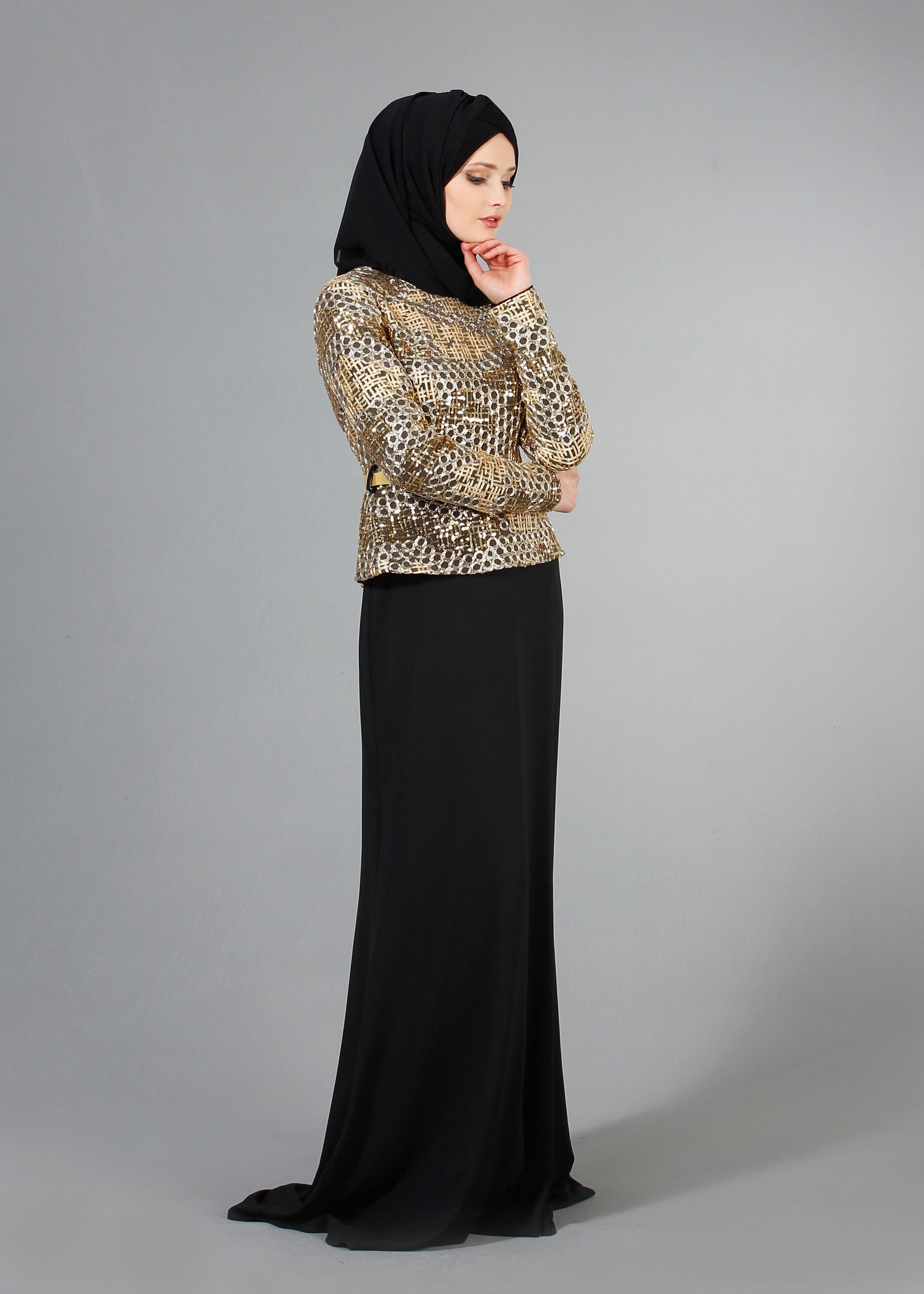 Tesettür giyim SİYAH DESENLİ BİSİKLET YAKA ABİYE ELBİSE 5174