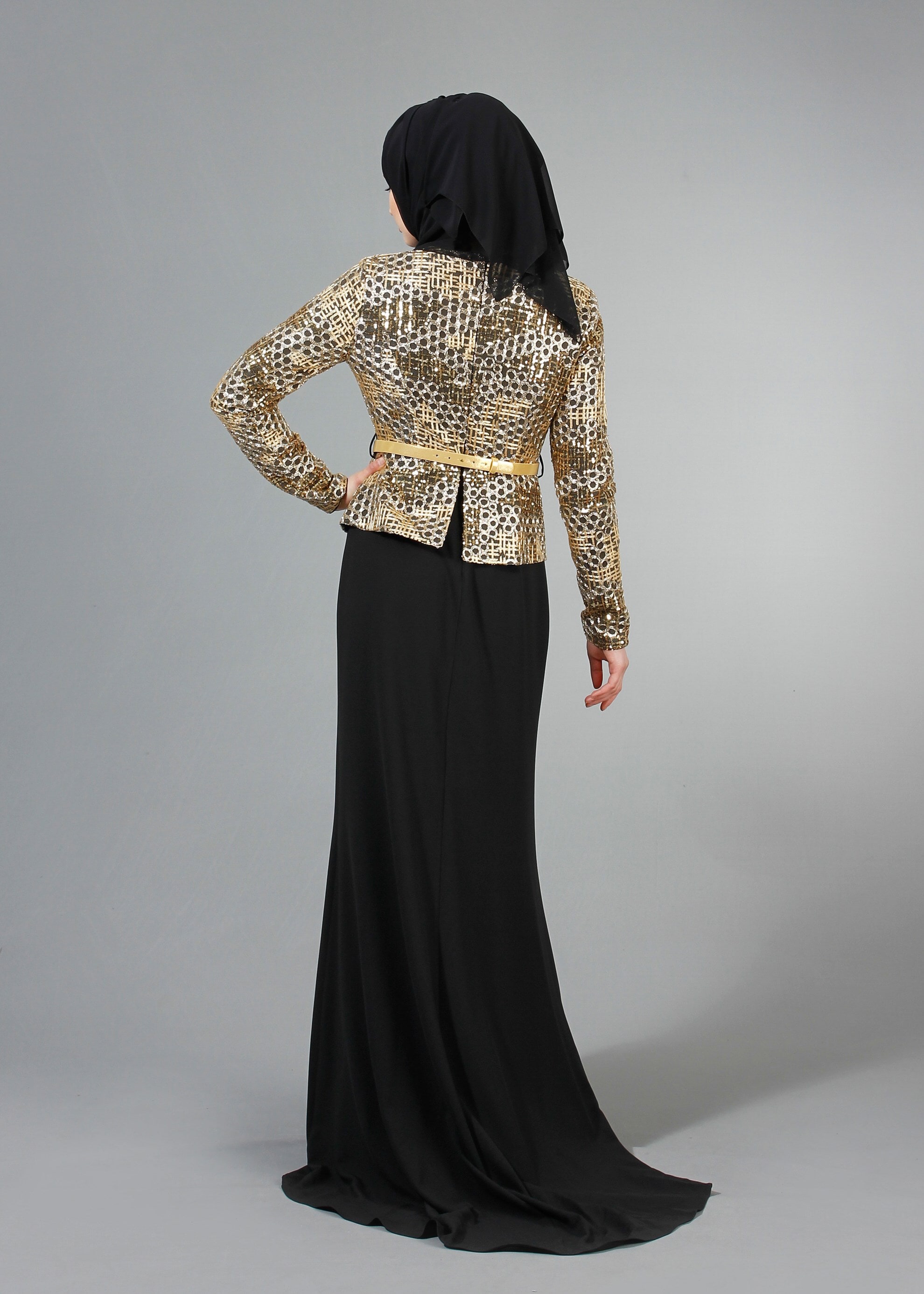 Tesettür giyim SİYAH DESENLİ BİSİKLET YAKA ABİYE ELBİSE 5174