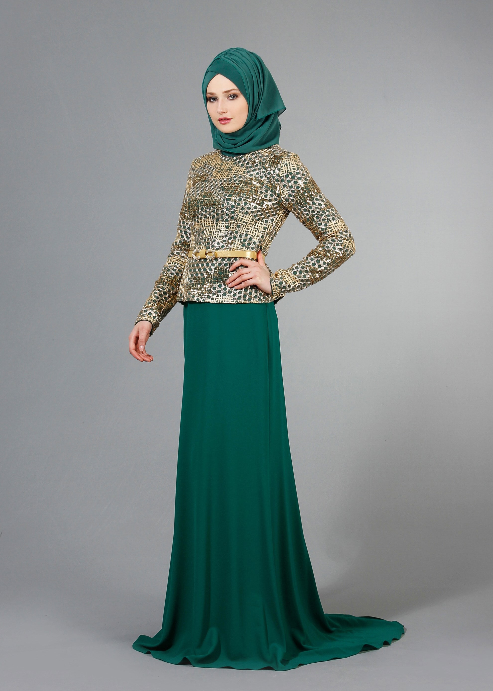 Tesettür giyim YEŞİL DESENLİ BİSİKLET YAKA ABİYE ELBİSE 5174
