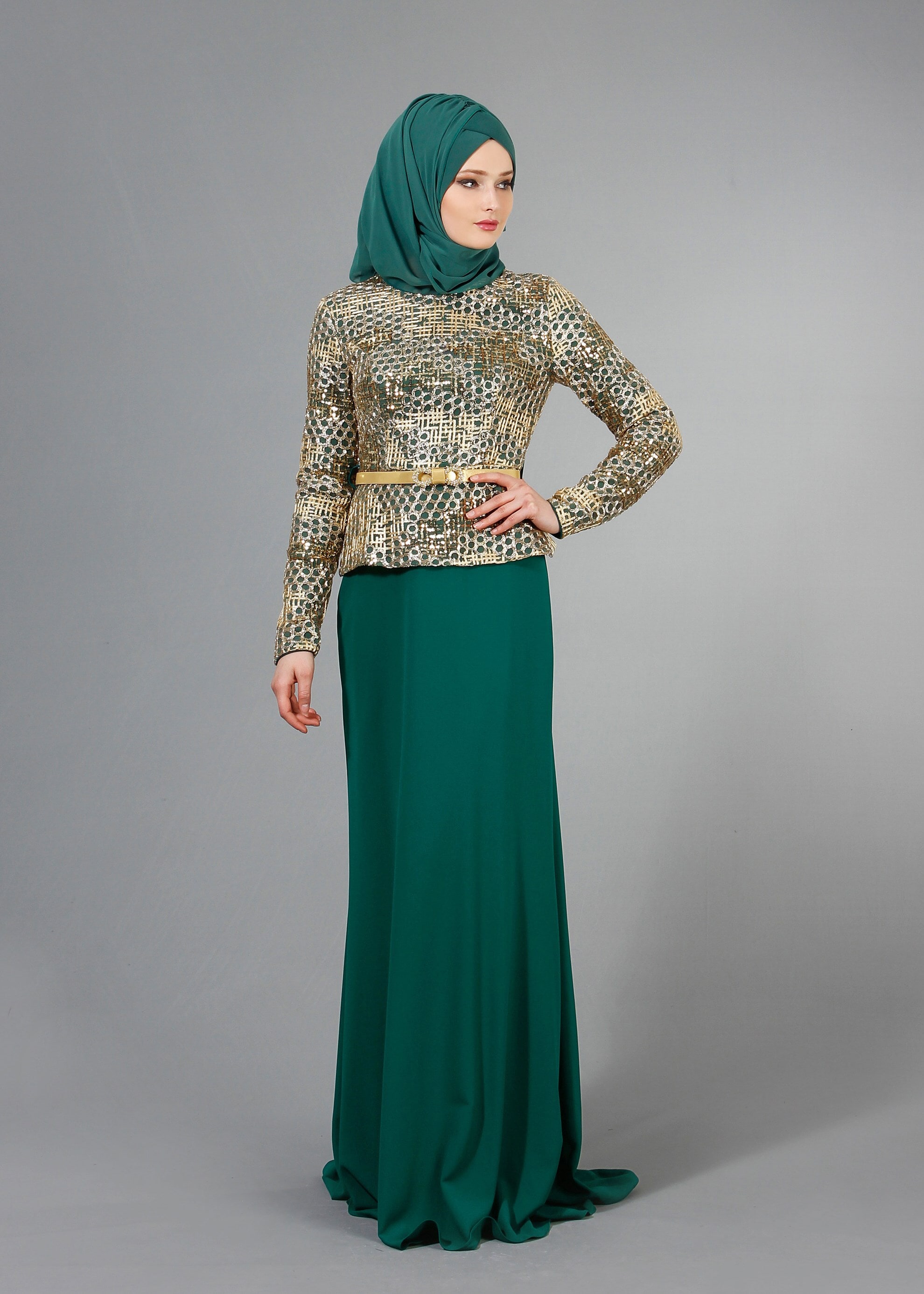 Tesettür giyim YEŞİL DESENLİ BİSİKLET YAKA ABİYE ELBİSE 5174