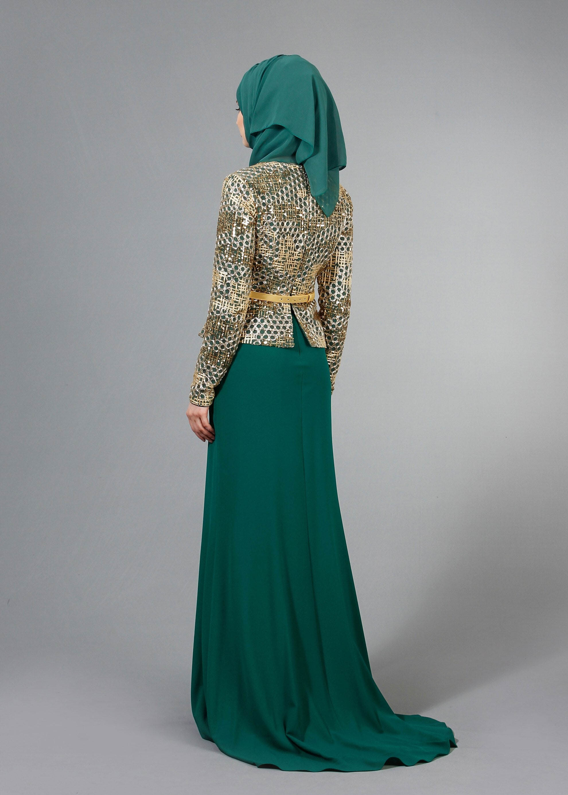 Tesettür giyim YEŞİL DESENLİ BİSİKLET YAKA ABİYE ELBİSE 5174