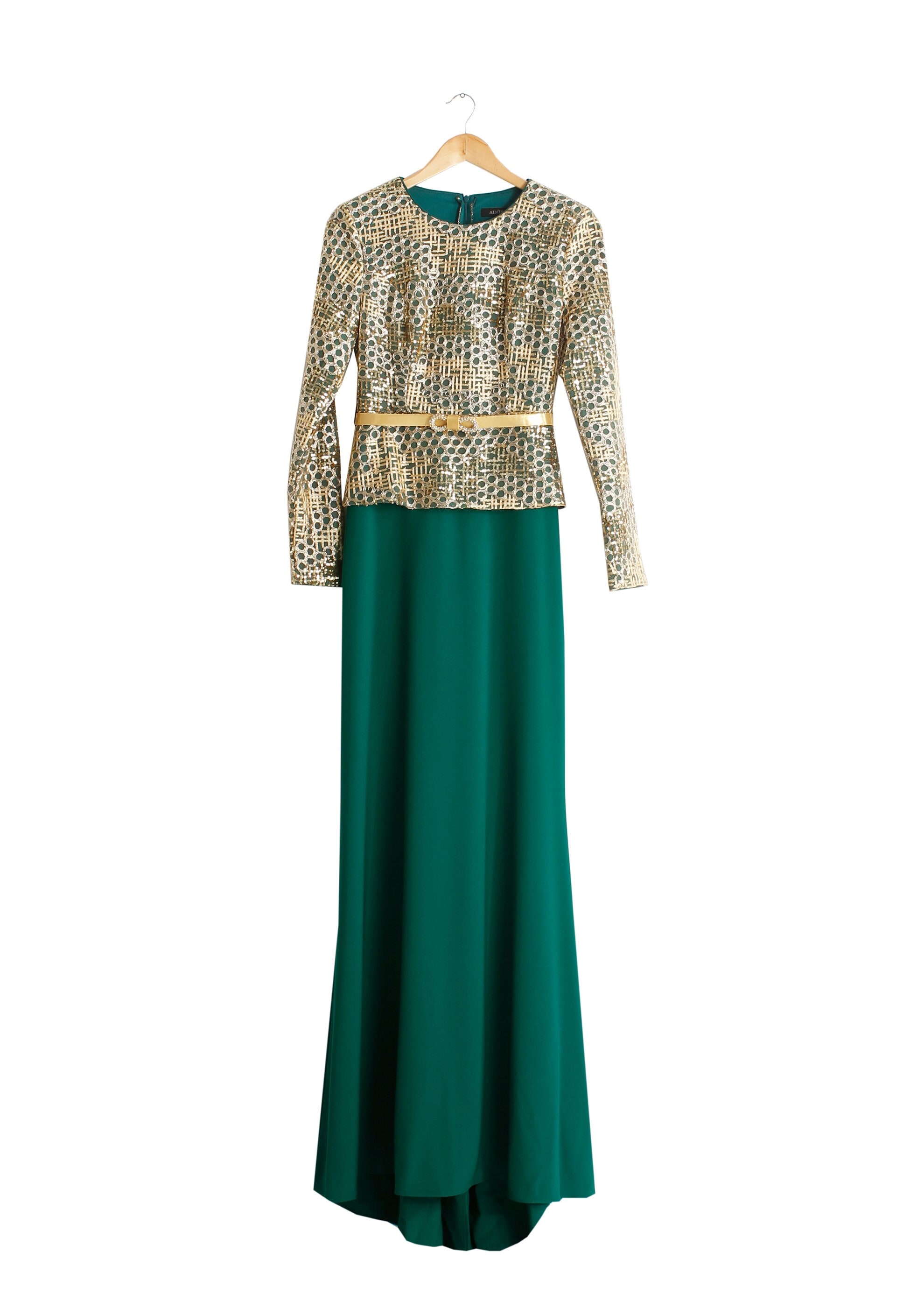 Tesettür giyim YEŞİL DESENLİ BİSİKLET YAKA ABİYE ELBİSE 5174