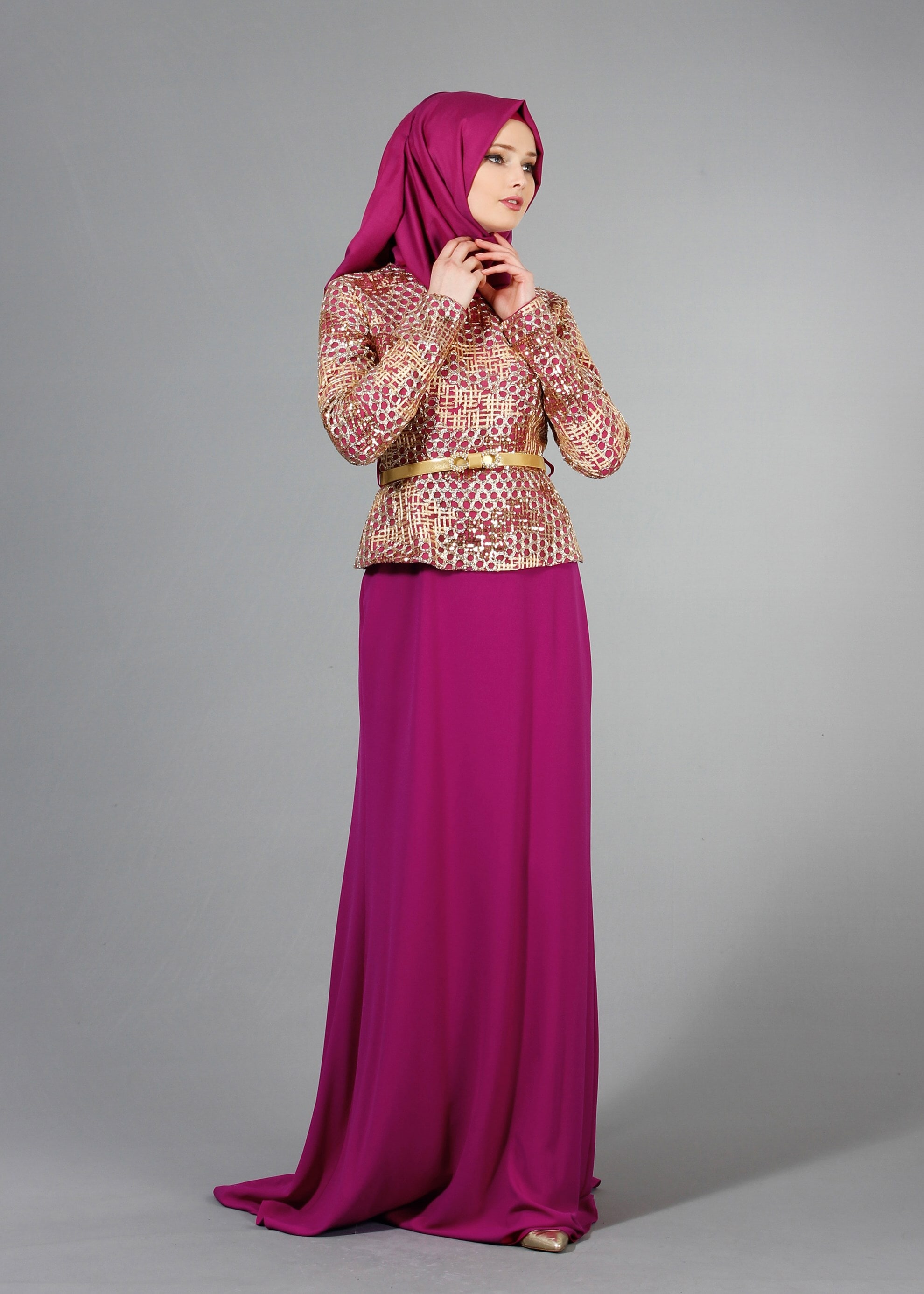Tesettür giyim FUŞYA DESENLİ BİSİKLET YAKA ABİYE ELBİSE 5174