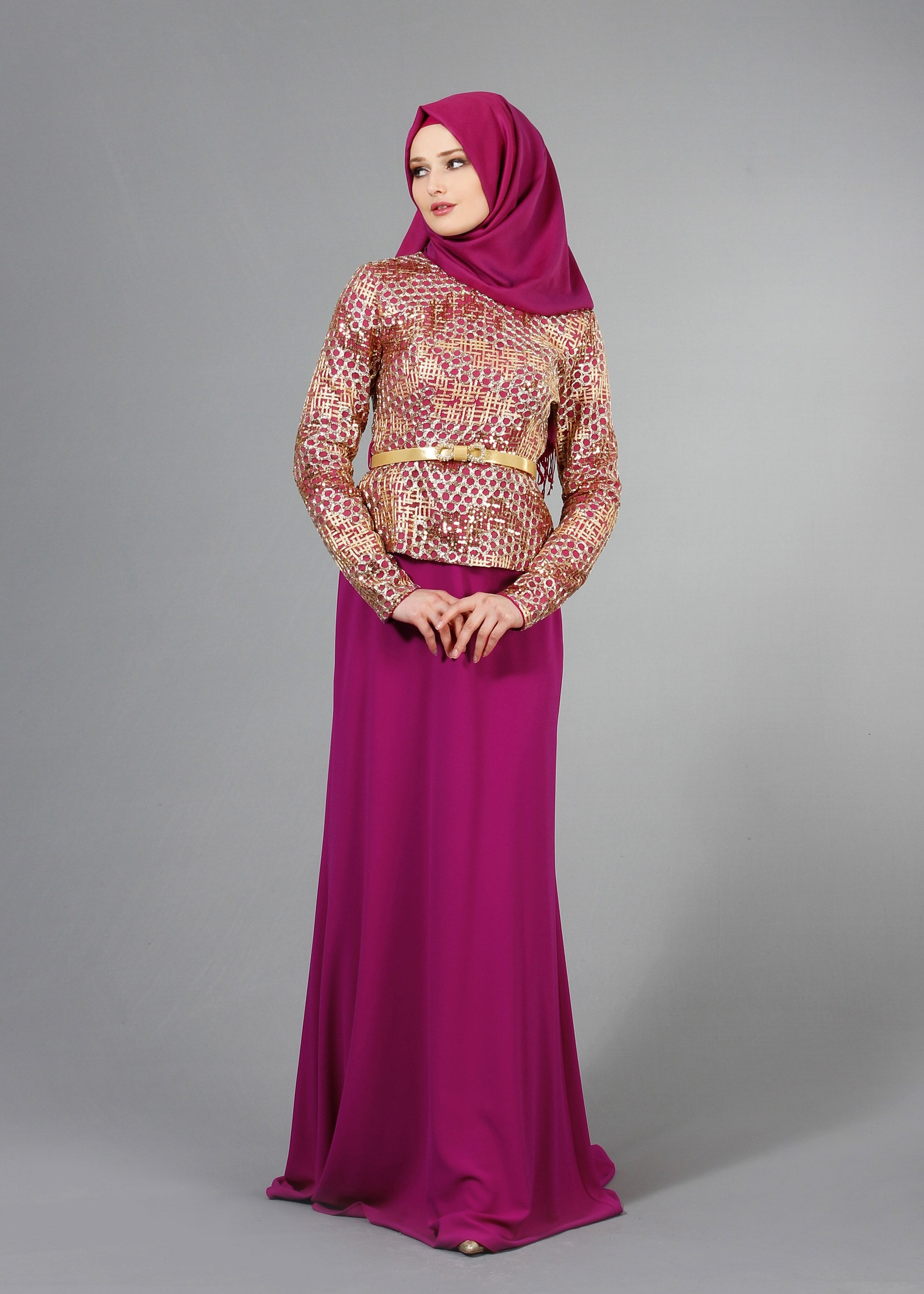 Tesettür giyim FUŞYA DESENLİ BİSİKLET YAKA ABİYE ELBİSE 5174