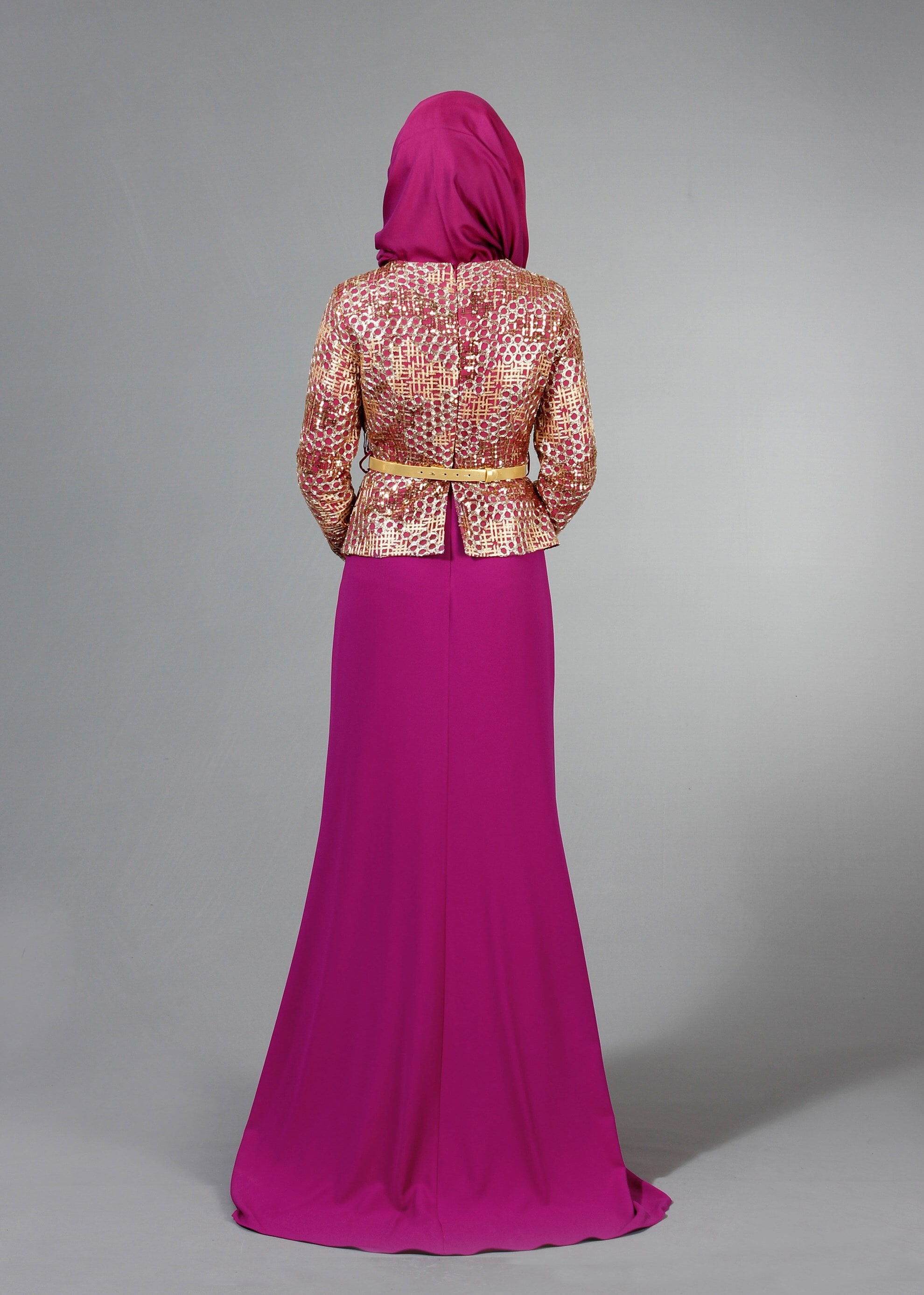 Tesettür giyim FUŞYA DESENLİ BİSİKLET YAKA ABİYE ELBİSE 5174