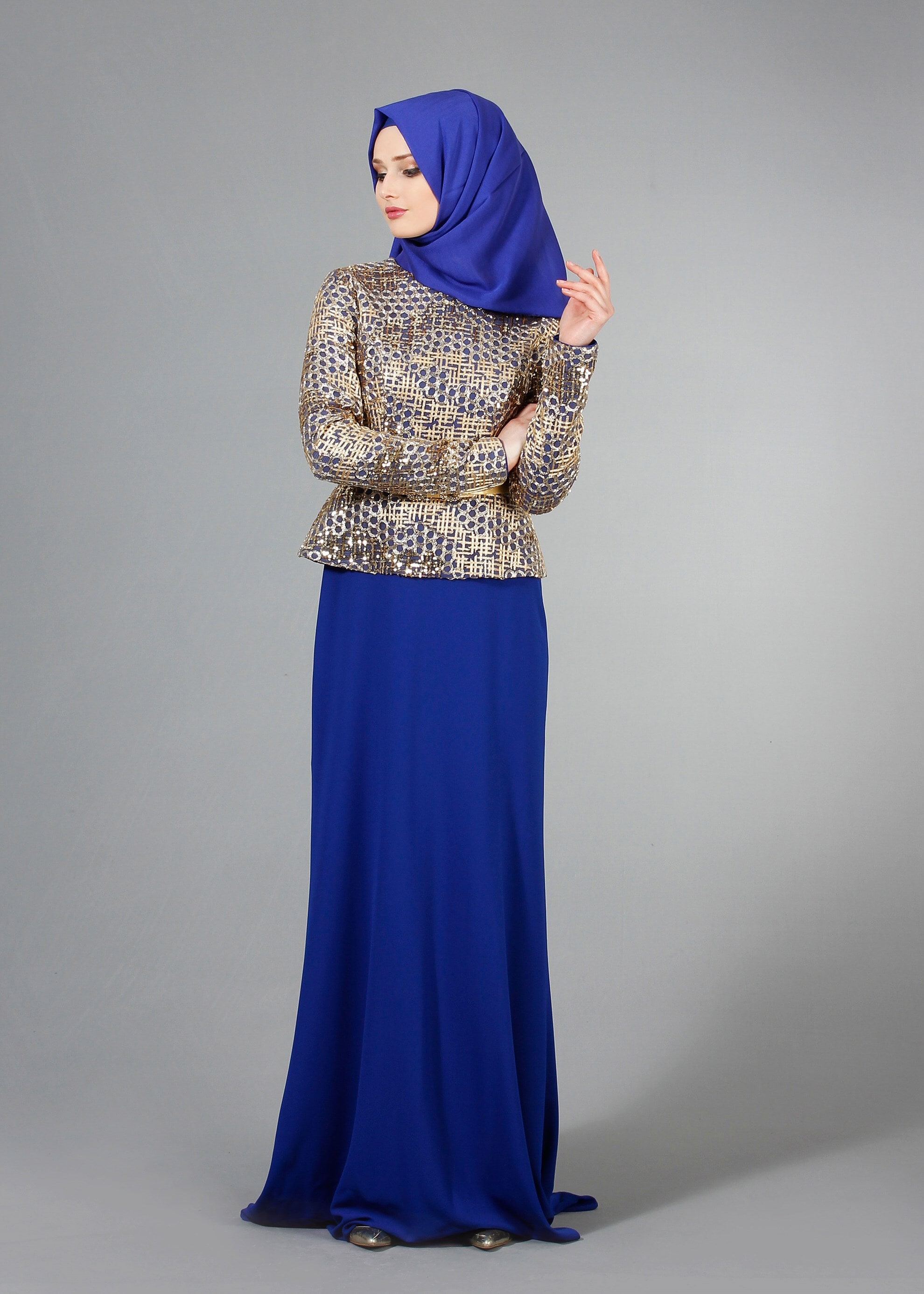Tesettür giyim MAVİ DESENLİ BİSİKLET YAKA ABİYE ELBİSE 5174