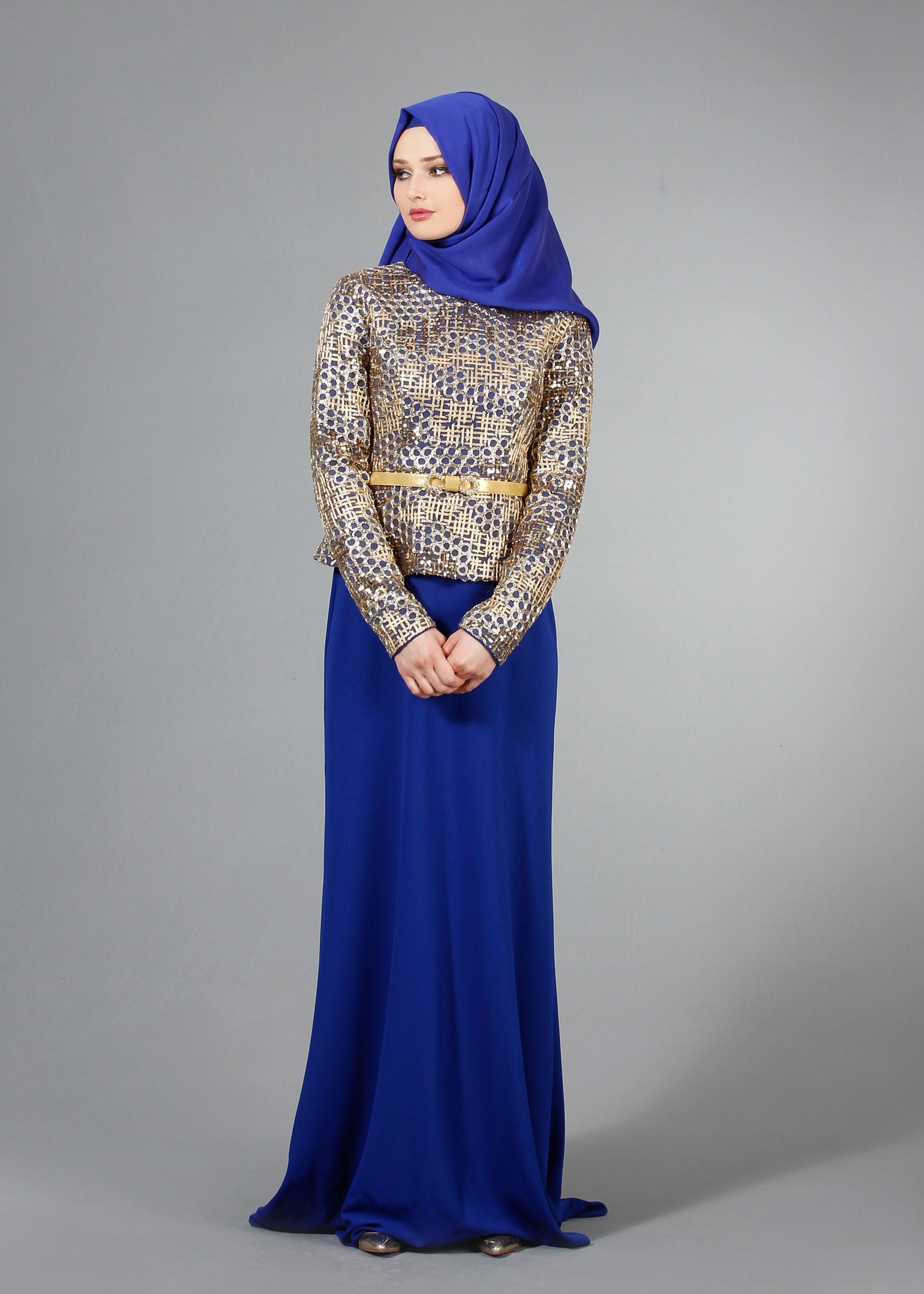 Tesettür giyim MAVİ DESENLİ BİSİKLET YAKA ABİYE ELBİSE 5174