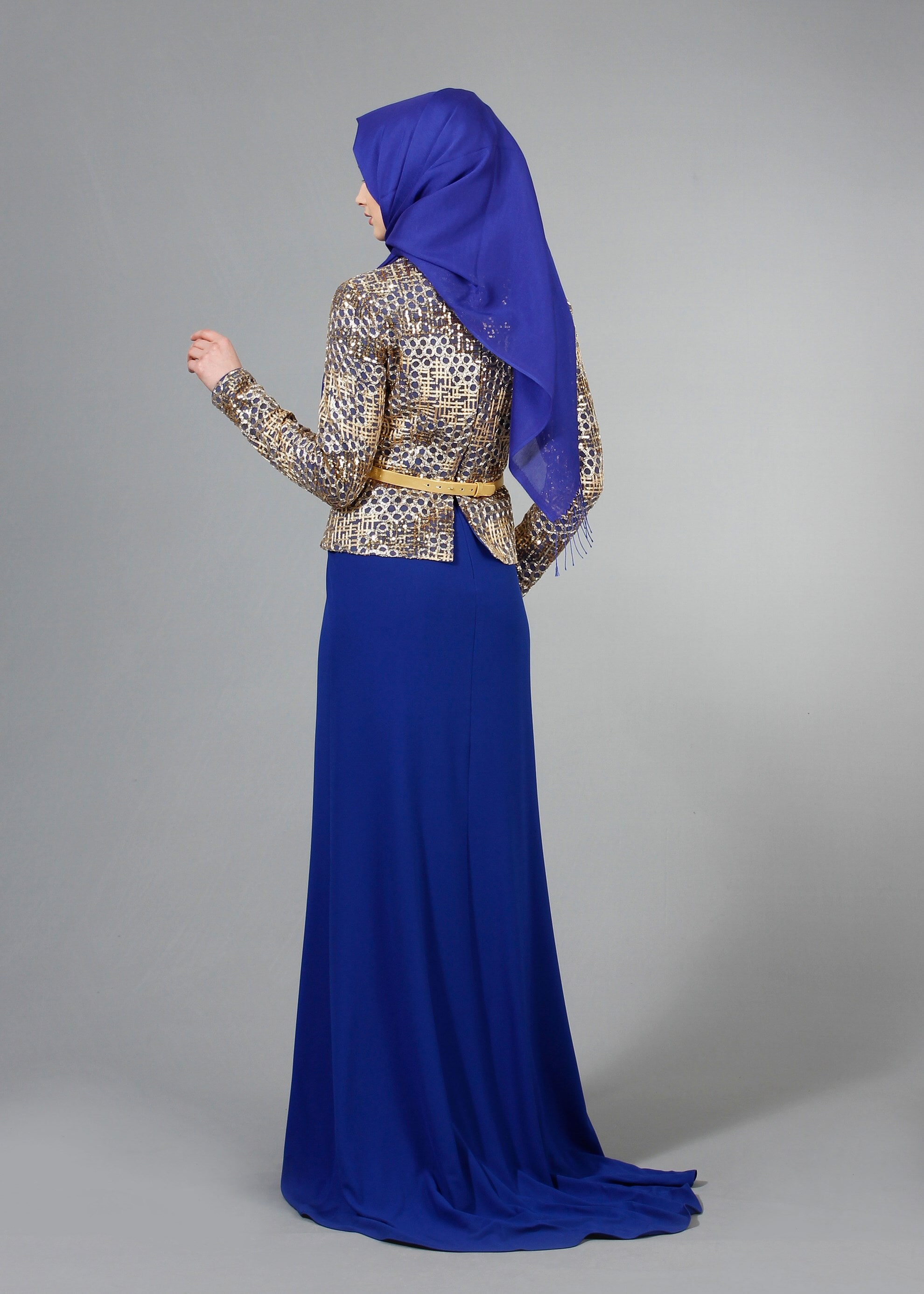 Tesettür giyim MAVİ DESENLİ BİSİKLET YAKA ABİYE ELBİSE 5174