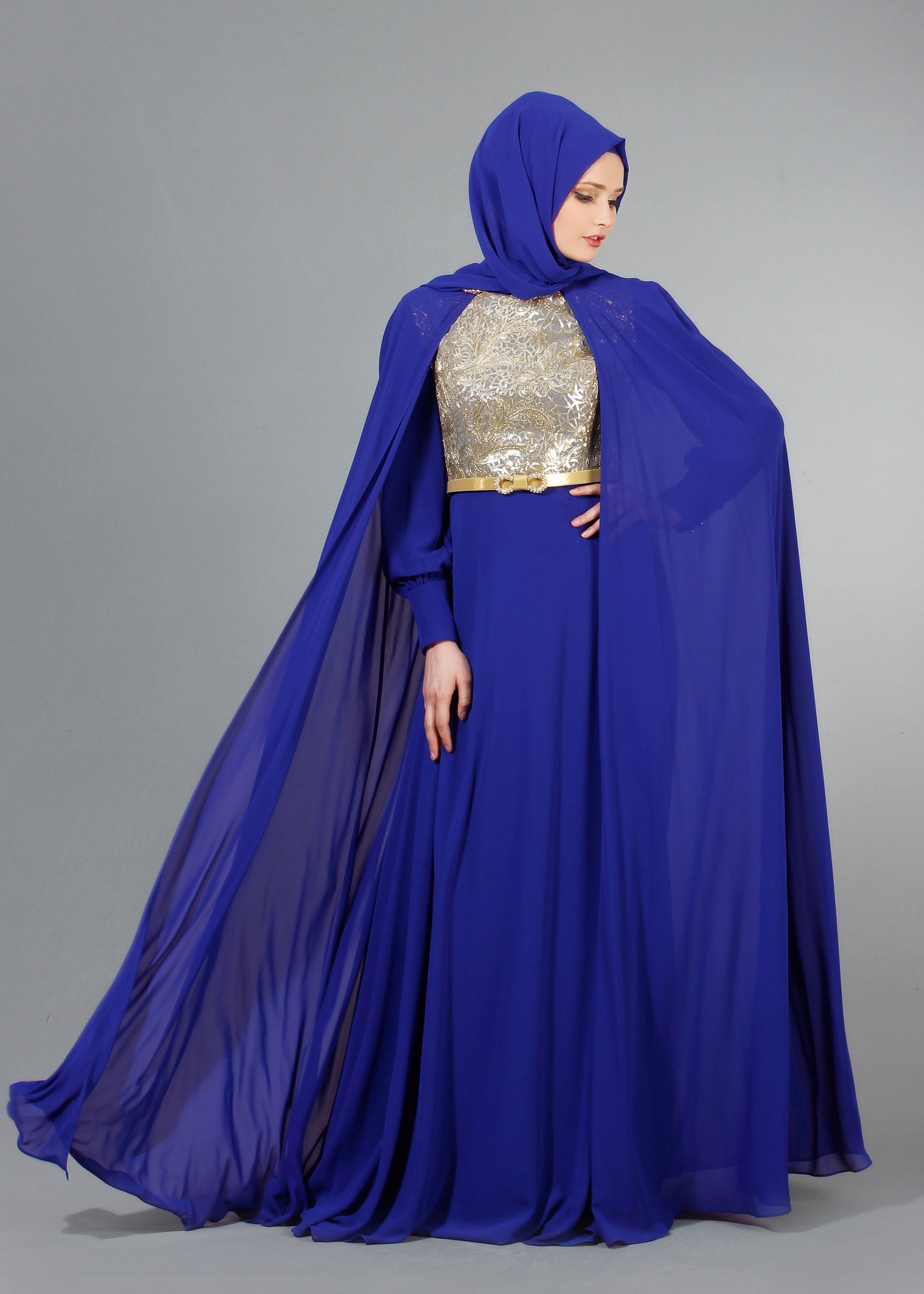 Tesettür giyim LACİVERT PUL PAYET İŞLEMELİ PELERİNLİ ŞİFON ABİYE ELBİSE 5177