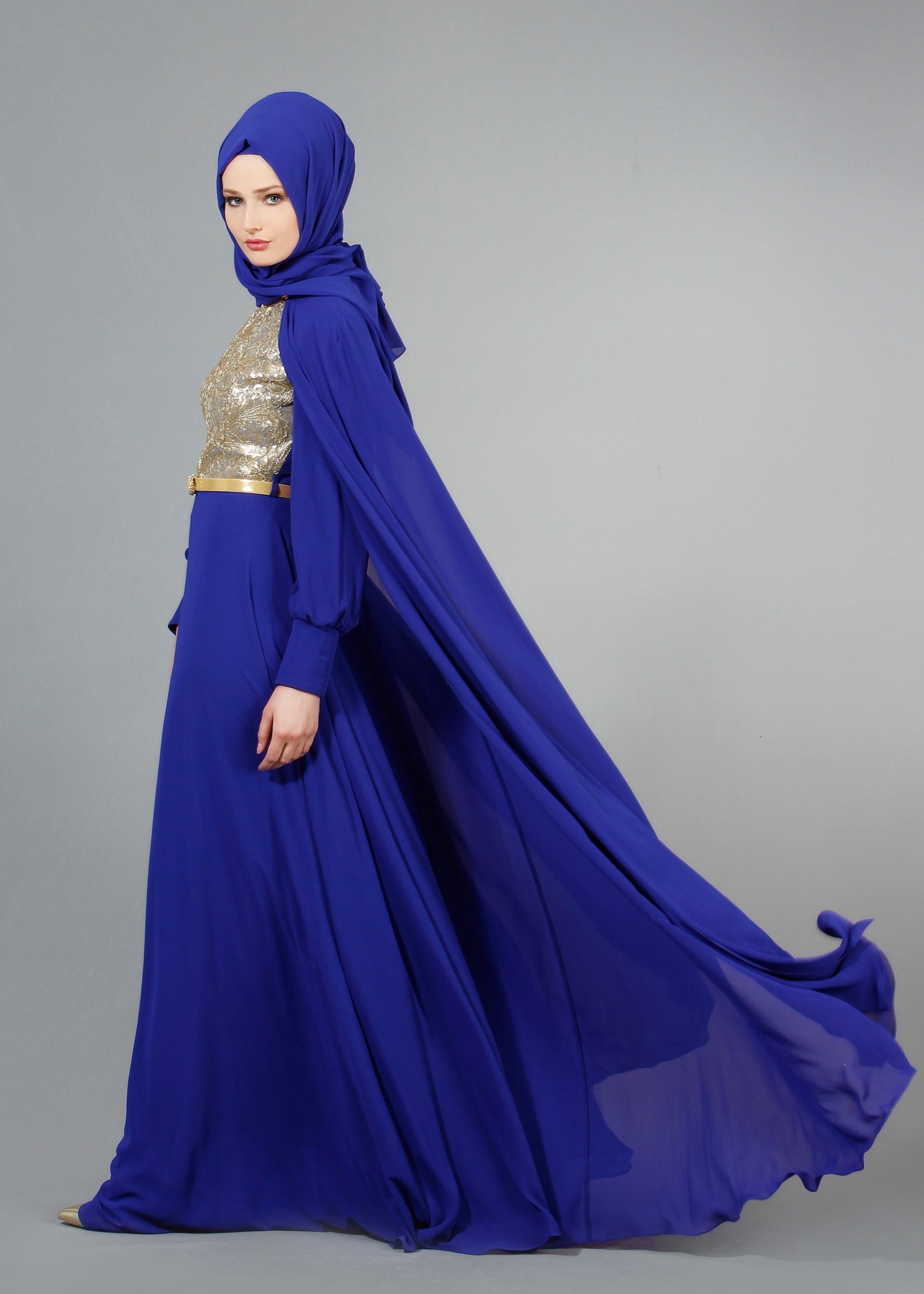 Tesettür giyim LACİVERT PUL PAYET İŞLEMELİ PELERİNLİ ŞİFON ABİYE ELBİSE 5177