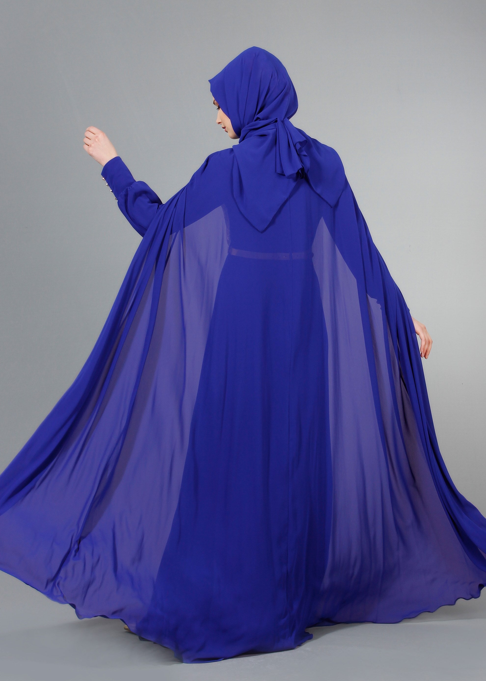 Tesettür giyim LACİVERT PUL PAYET İŞLEMELİ PELERİNLİ ŞİFON ABİYE ELBİSE 5177