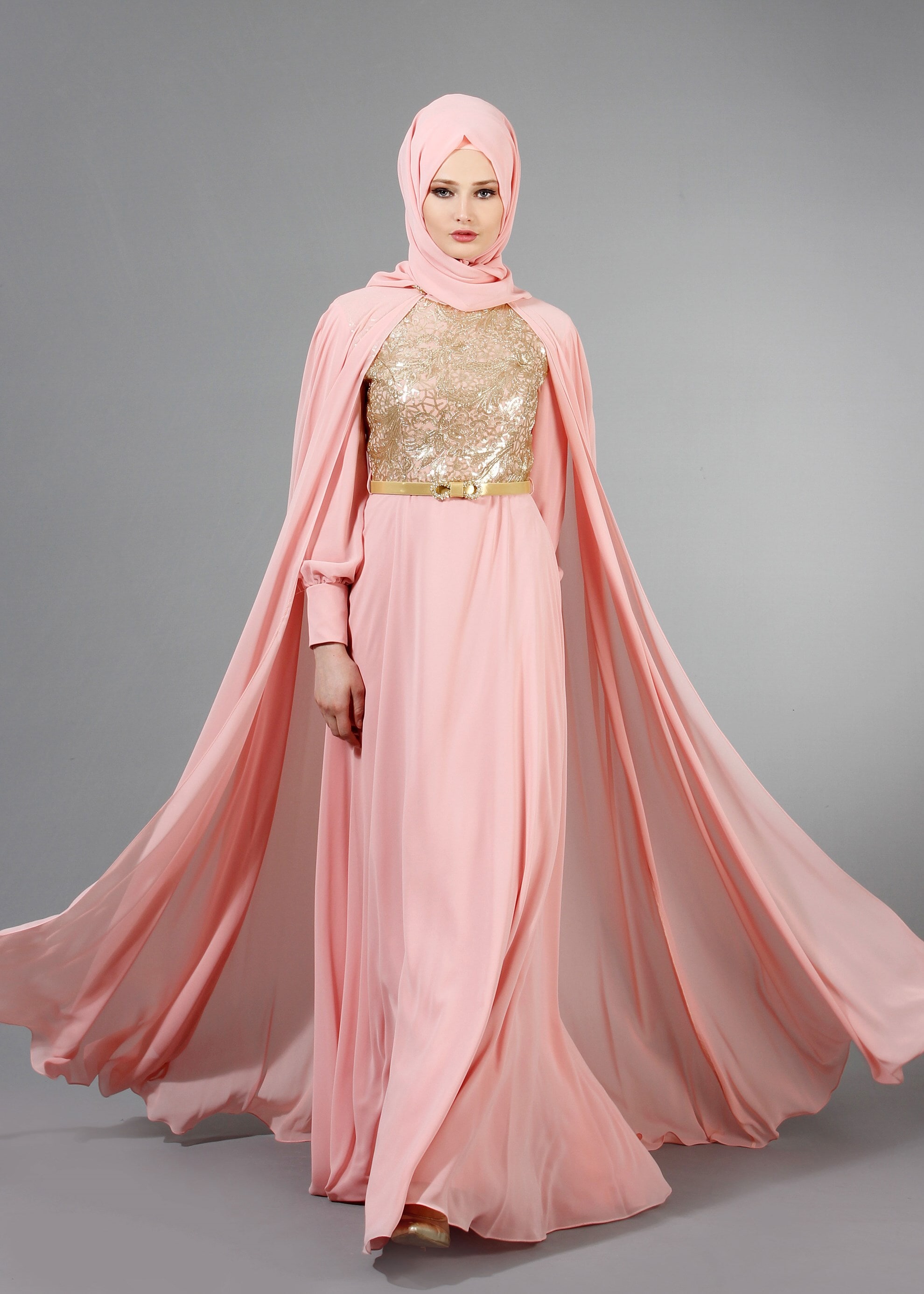 Tesettür giyim PUDRA PUL PAYET İŞLEMELİ PELERİNLİ ŞİFON ABİYE ELBİSE 5177