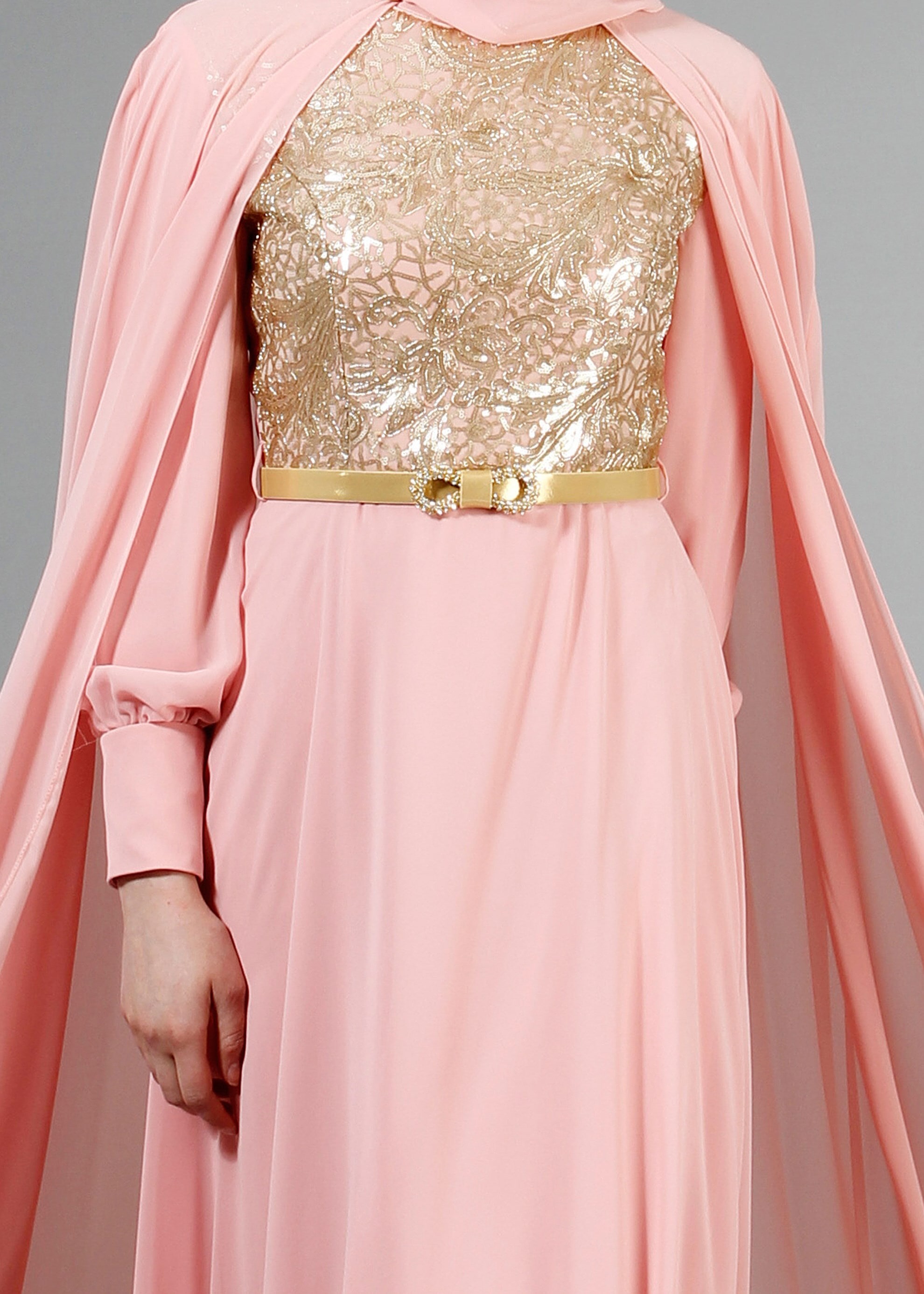 Tesettür giyim PUDRA PUL PAYET İŞLEMELİ PELERİNLİ ŞİFON ABİYE ELBİSE 5177