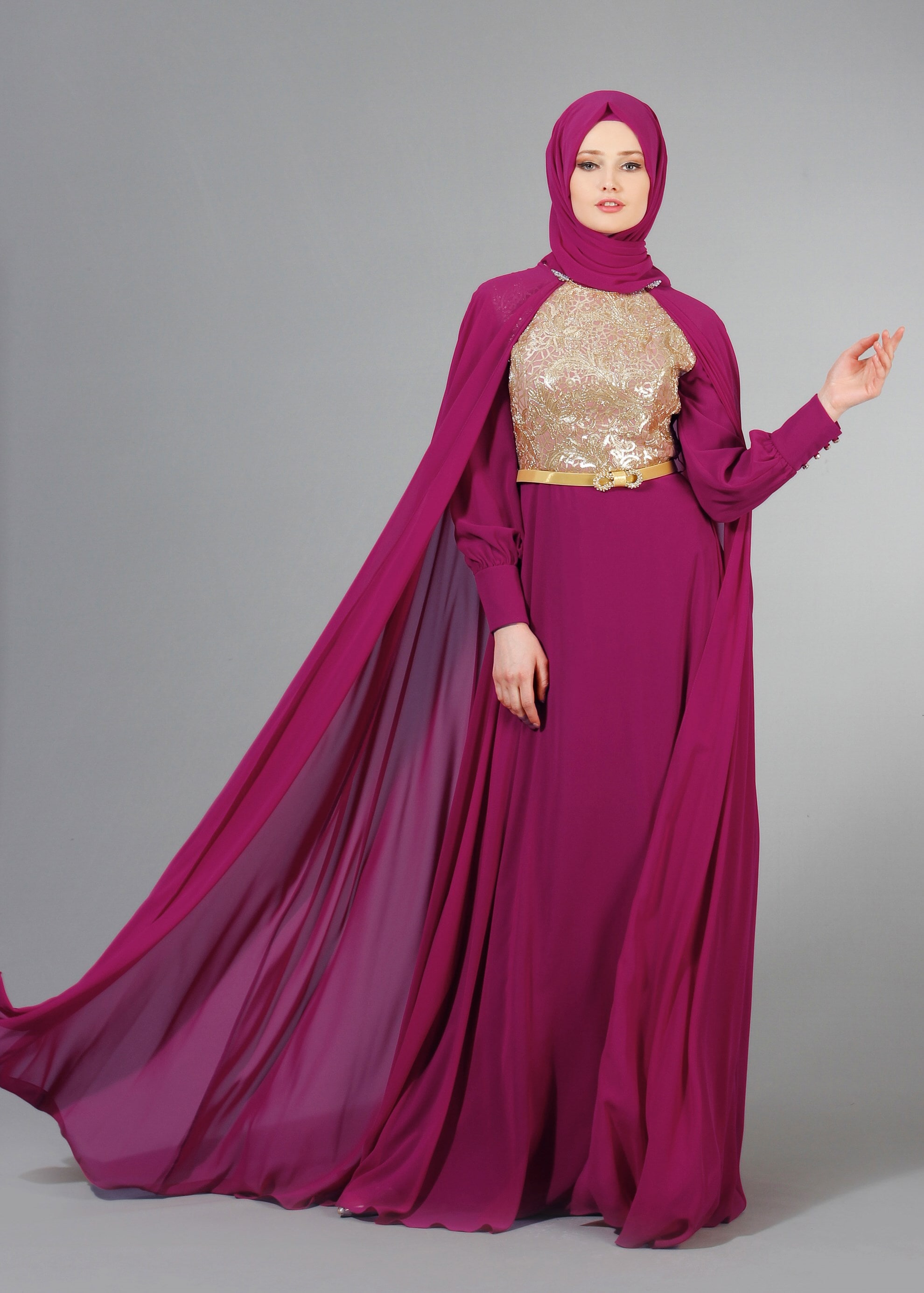 Tesettür giyim MOR PUL PAYET İŞLEMELİ PELERİNLİ ŞİFON ABİYE ELBİSE 5177