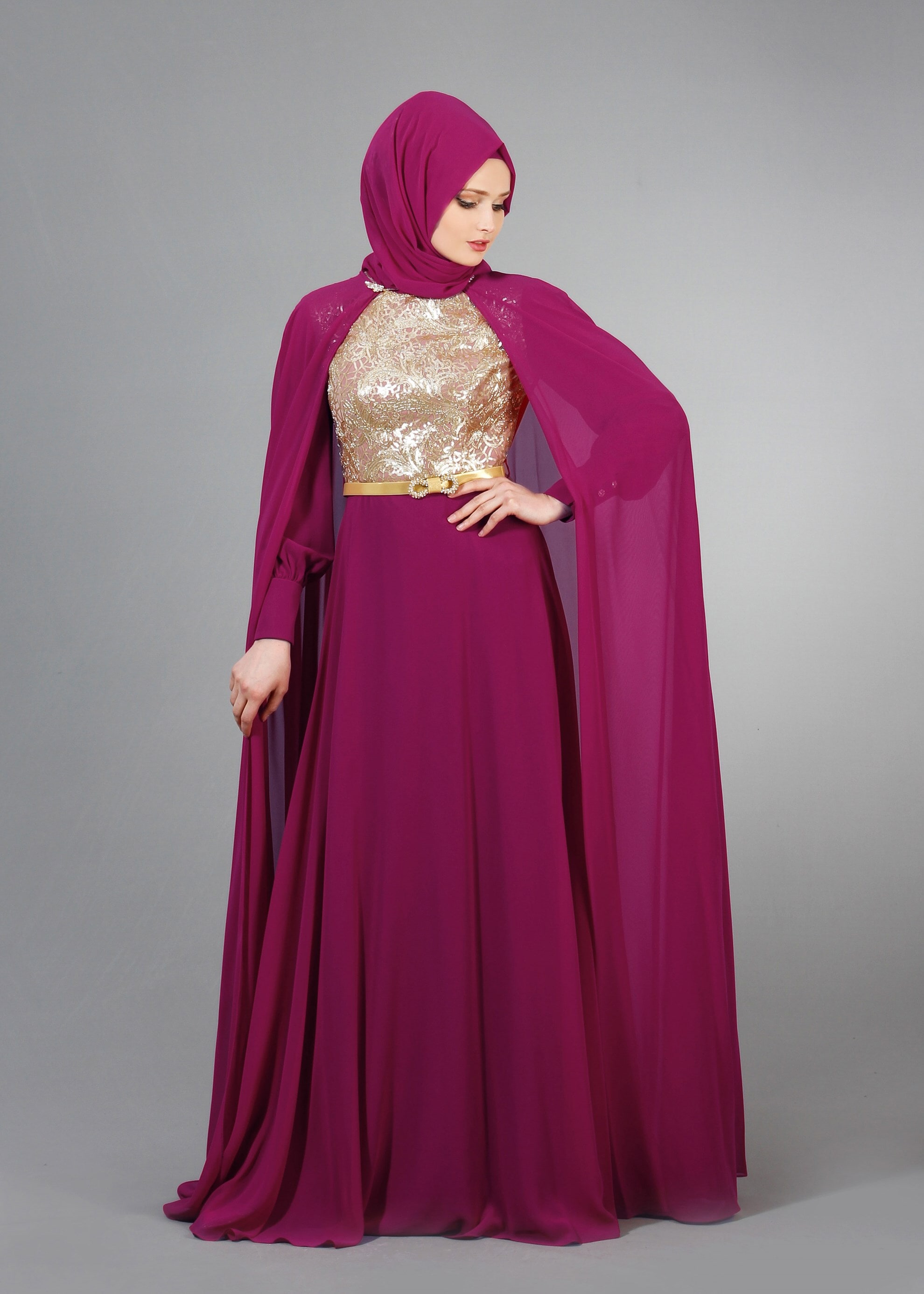 Tesettür giyim MOR PUL PAYET İŞLEMELİ PELERİNLİ ŞİFON ABİYE ELBİSE 5177