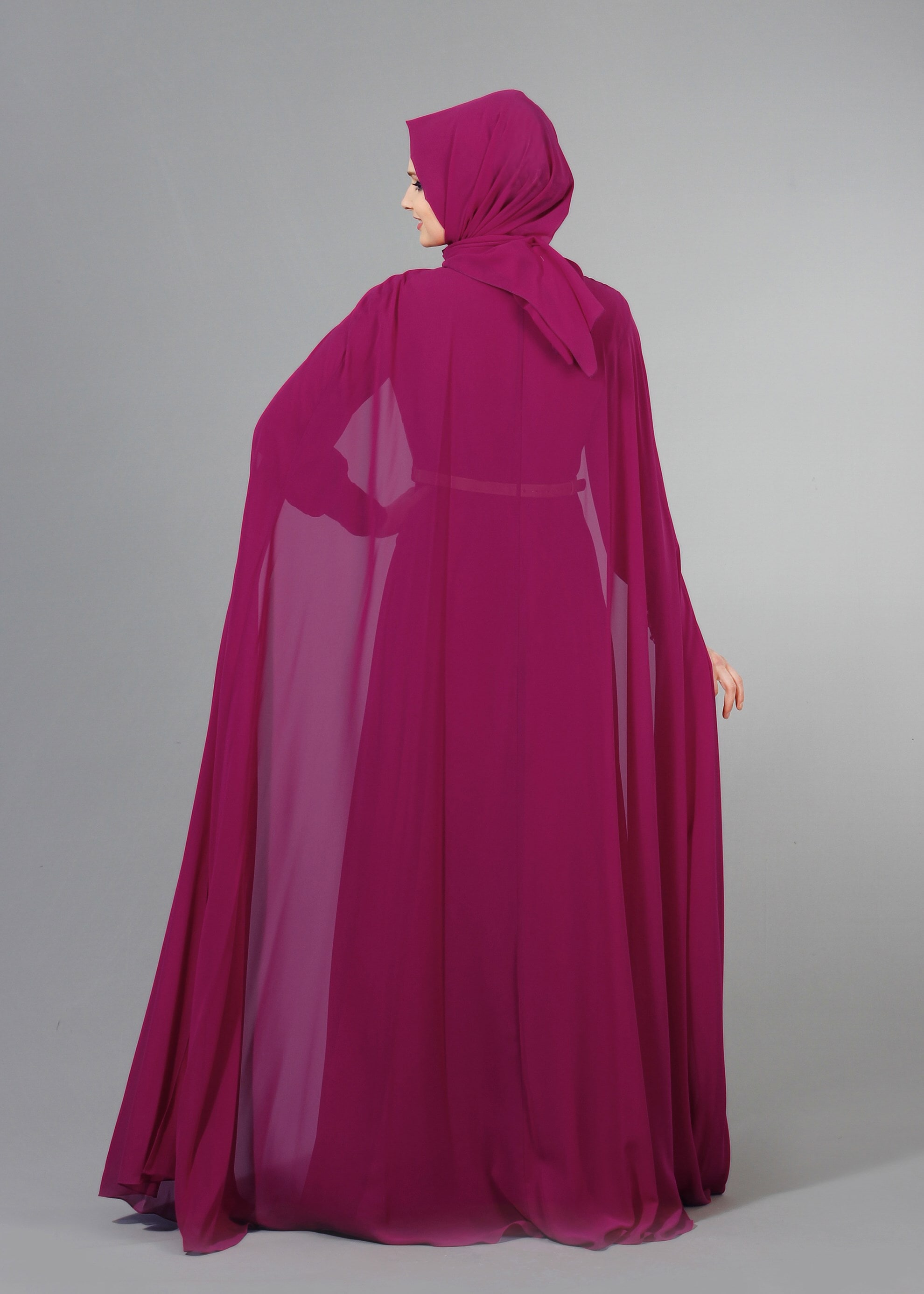 Tesettür giyim MOR PUL PAYET İŞLEMELİ PELERİNLİ ŞİFON ABİYE ELBİSE 5177