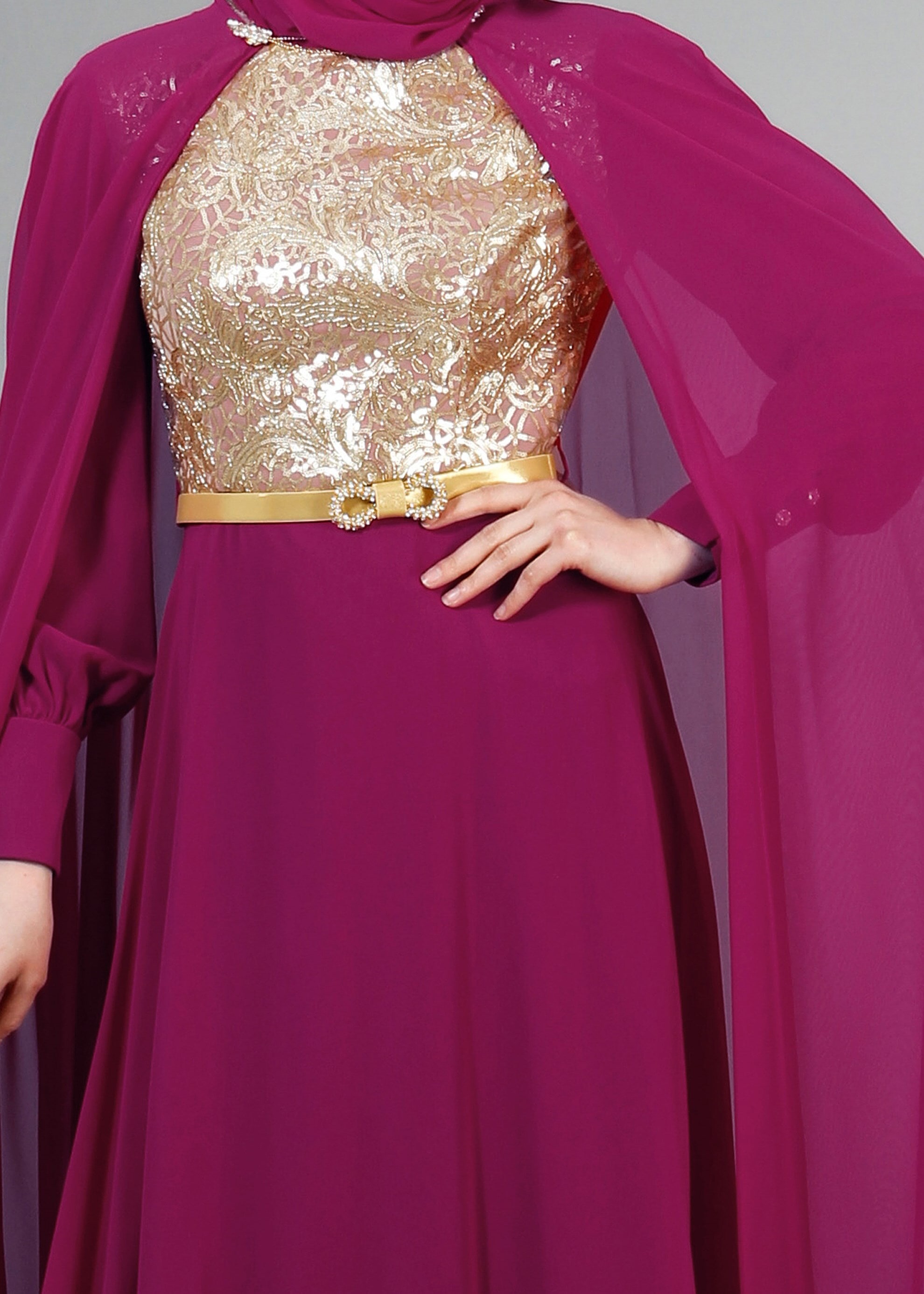 Tesettür giyim MOR PUL PAYET İŞLEMELİ PELERİNLİ ŞİFON ABİYE ELBİSE 5177