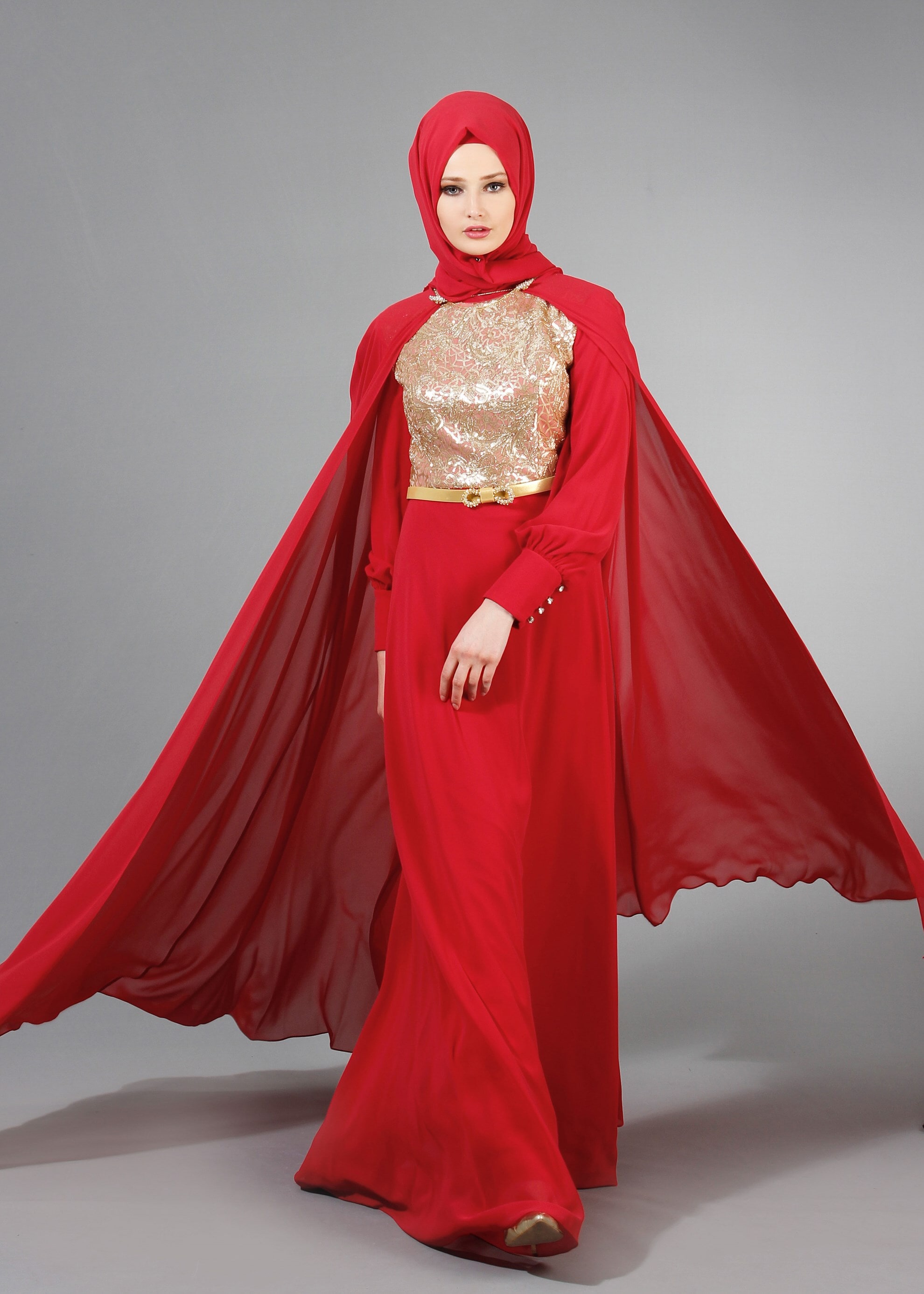 Tesettür giyim BORDO PUL PAYET İŞLEMELİ PELERİNLİ ŞİFON ABİYE ELBİSE 5177