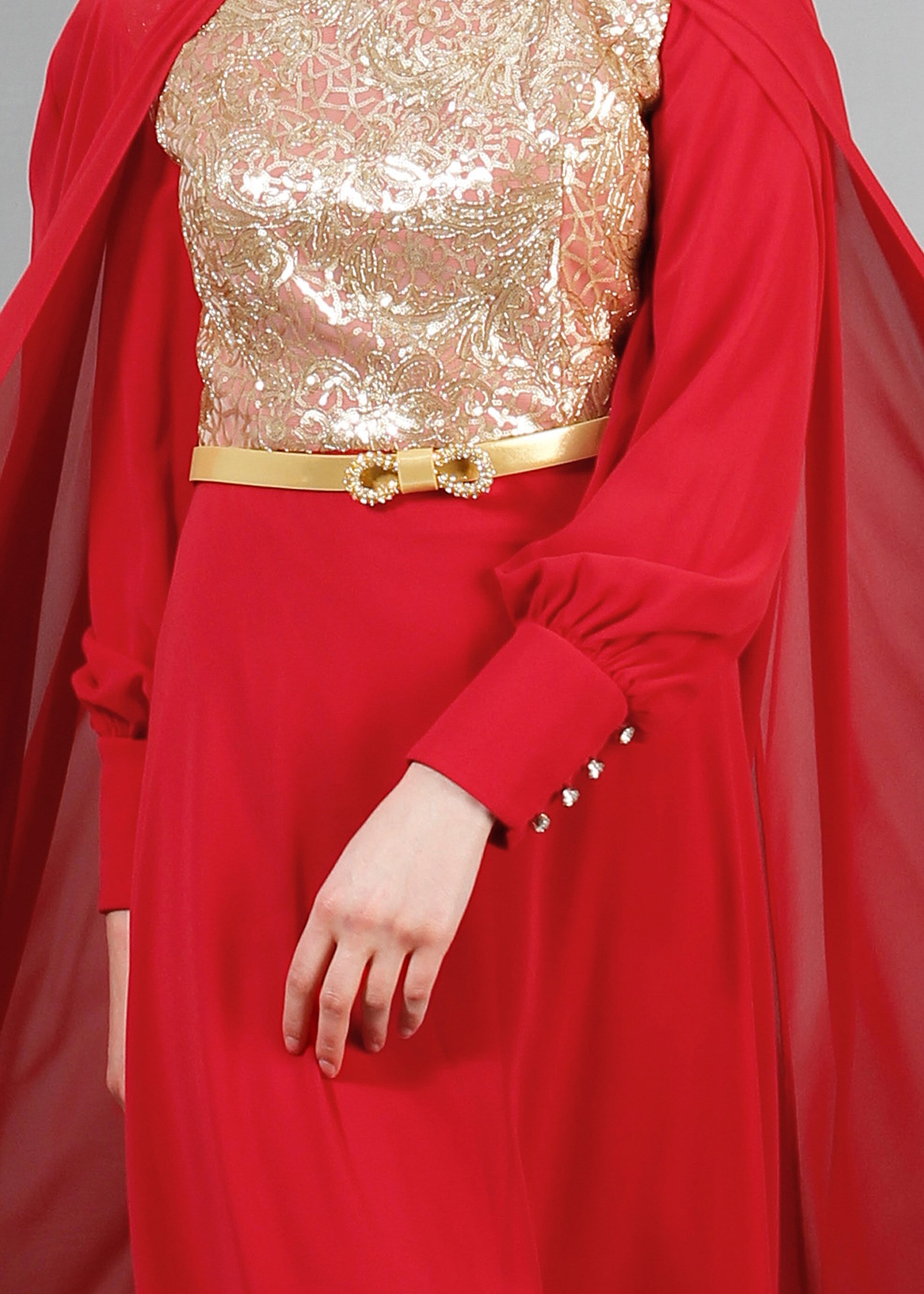 Tesettür giyim BORDO PUL PAYET İŞLEMELİ PELERİNLİ ŞİFON ABİYE ELBİSE 5177