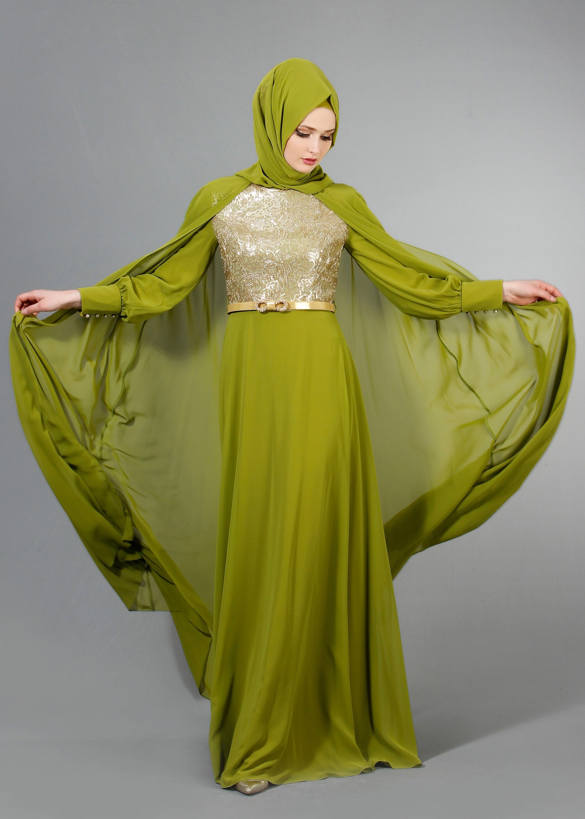 Tesettür giyim YEŞİL PUL PAYET İŞLEMELİ PELERİNLİ ŞİFON ABİYE ELBİSE 5177