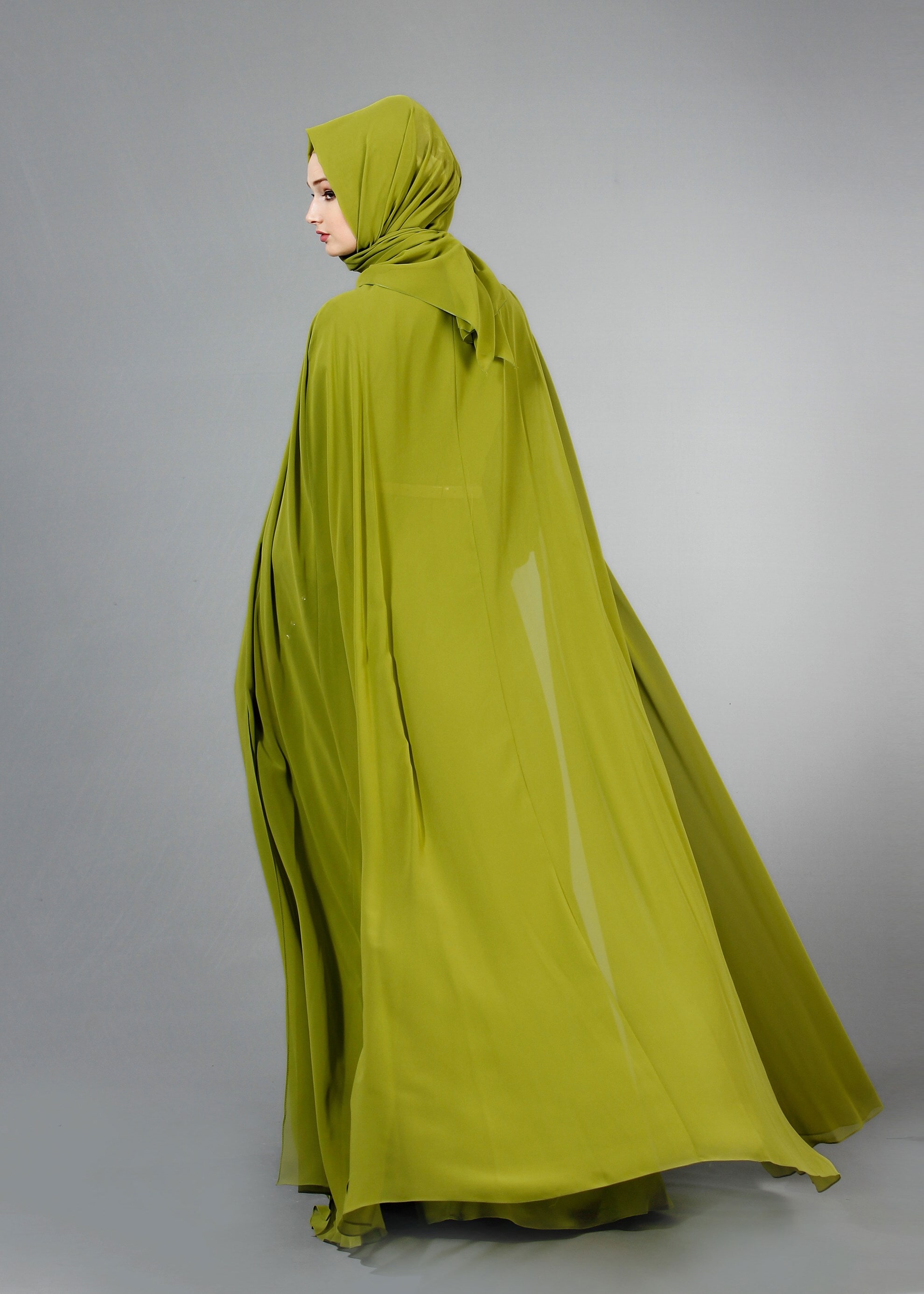 Tesettür giyim YEŞİL PUL PAYET İŞLEMELİ PELERİNLİ ŞİFON ABİYE ELBİSE 5177