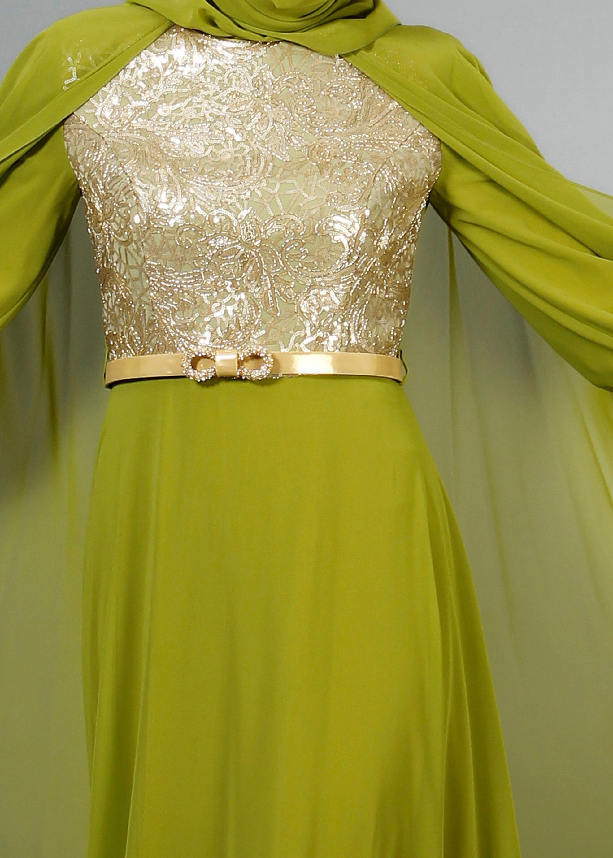 Tesettür giyim YEŞİL PUL PAYET İŞLEMELİ PELERİNLİ ŞİFON ABİYE ELBİSE 5177