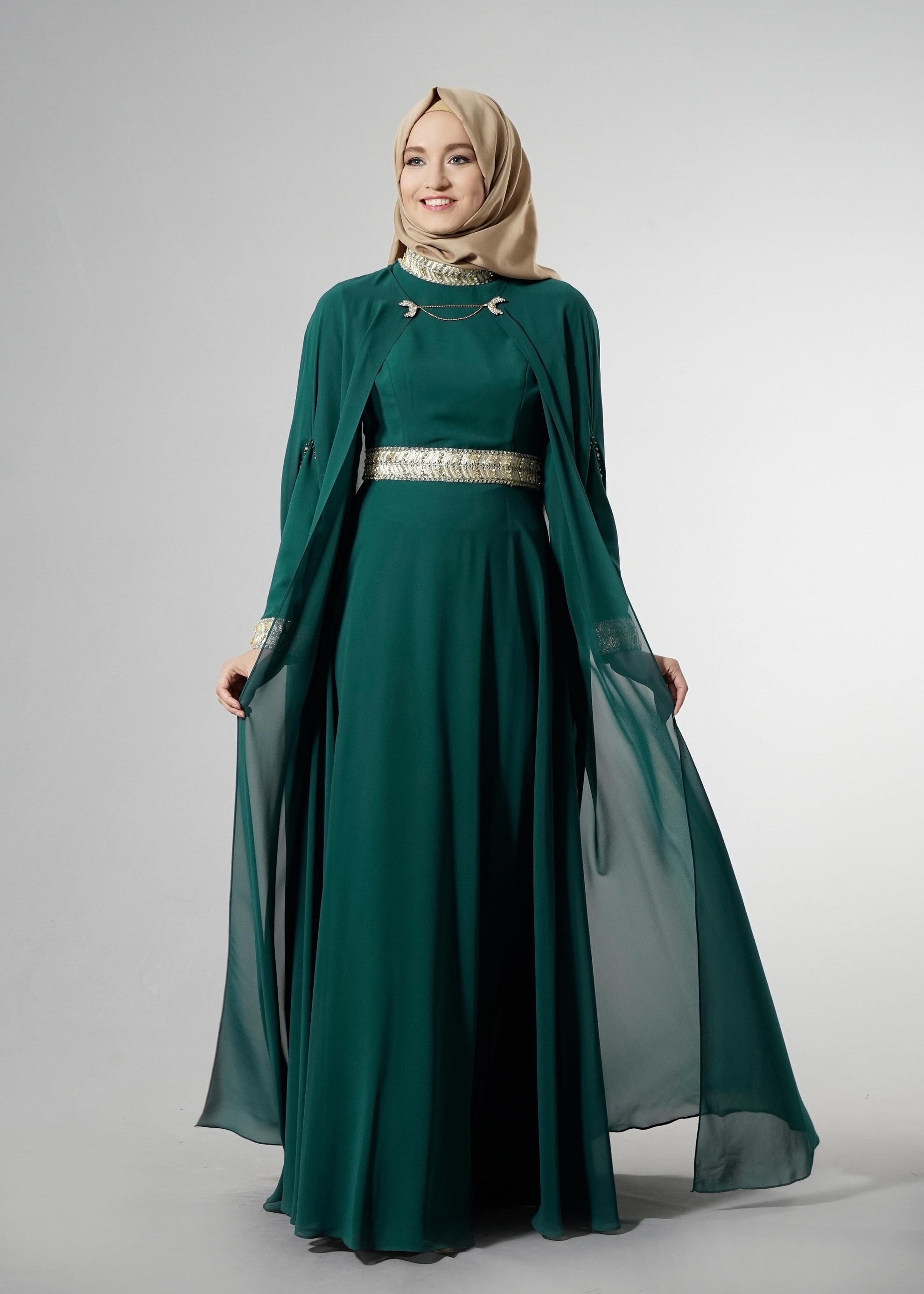 Tesettür giyim YEŞİL 5179 Multi Şifon 2&prime;Li Tesettür Elbiseli Abiye 38/42