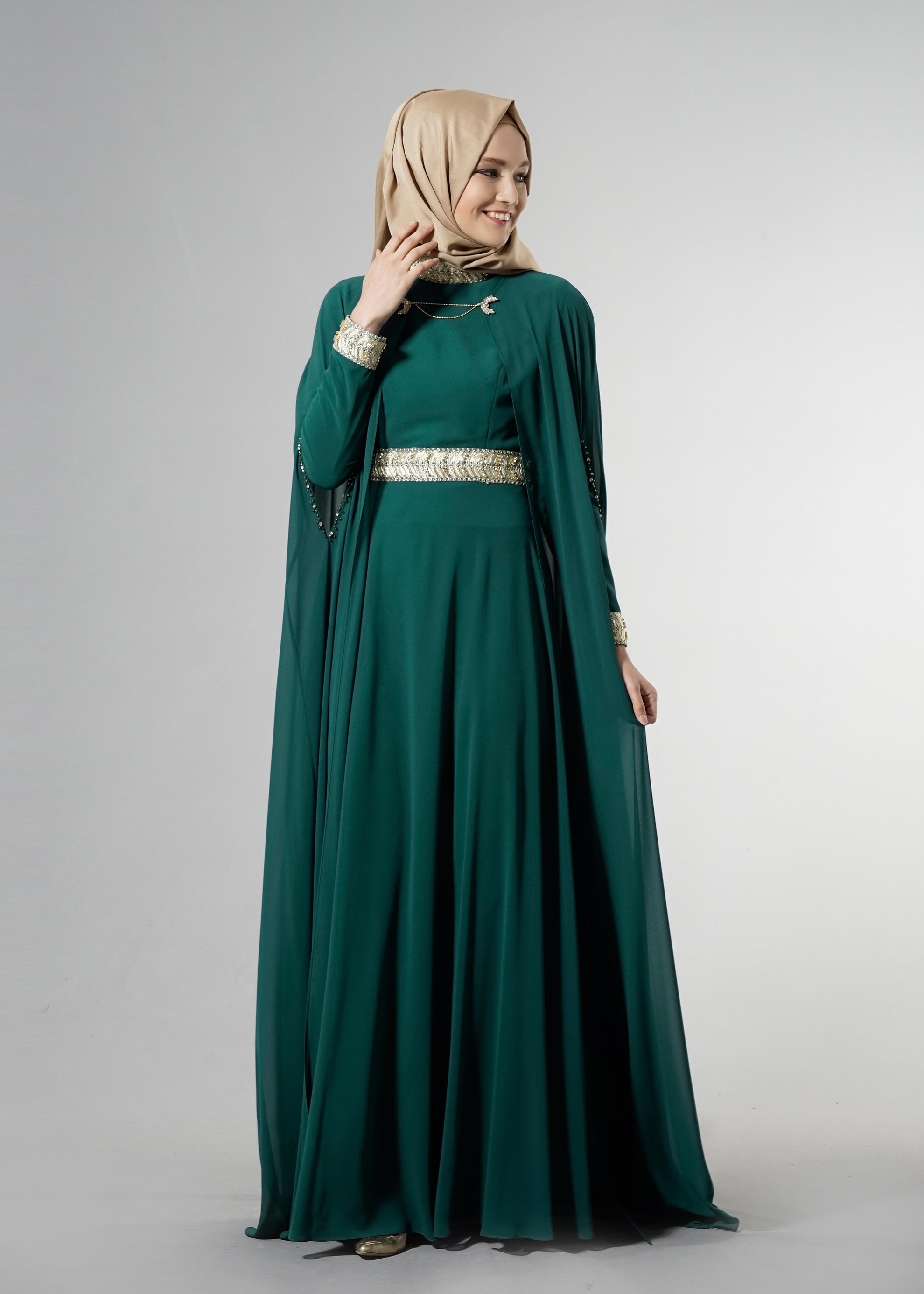Tesettür giyim YEŞİL 5179 Multi Şifon 2&prime;Li Tesettür Elbiseli Abiye 38/42
