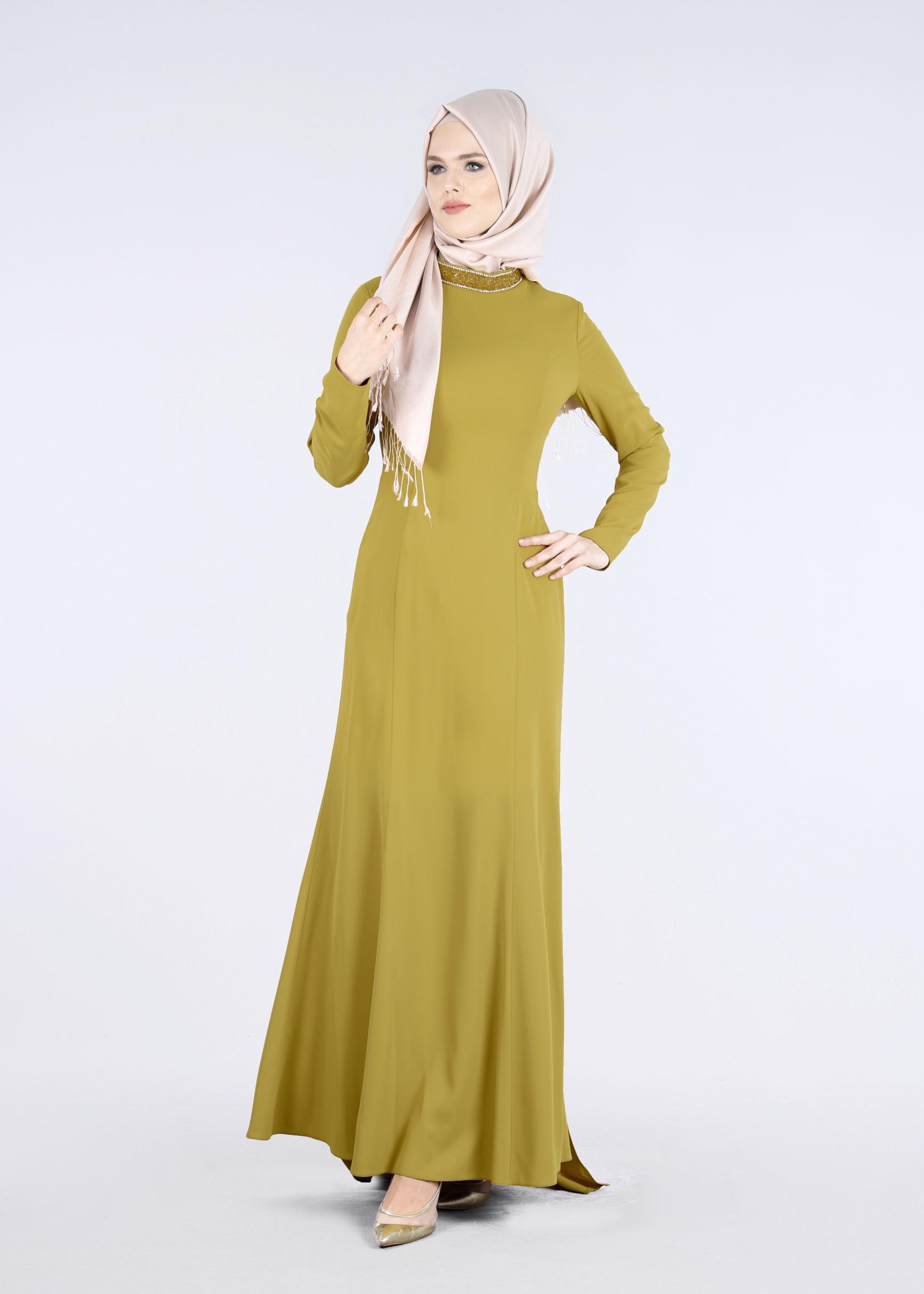 Tesettür giyim YEŞİL YAKASI TAŞ İŞLEMELİ ABİYE ELBİSE 5182