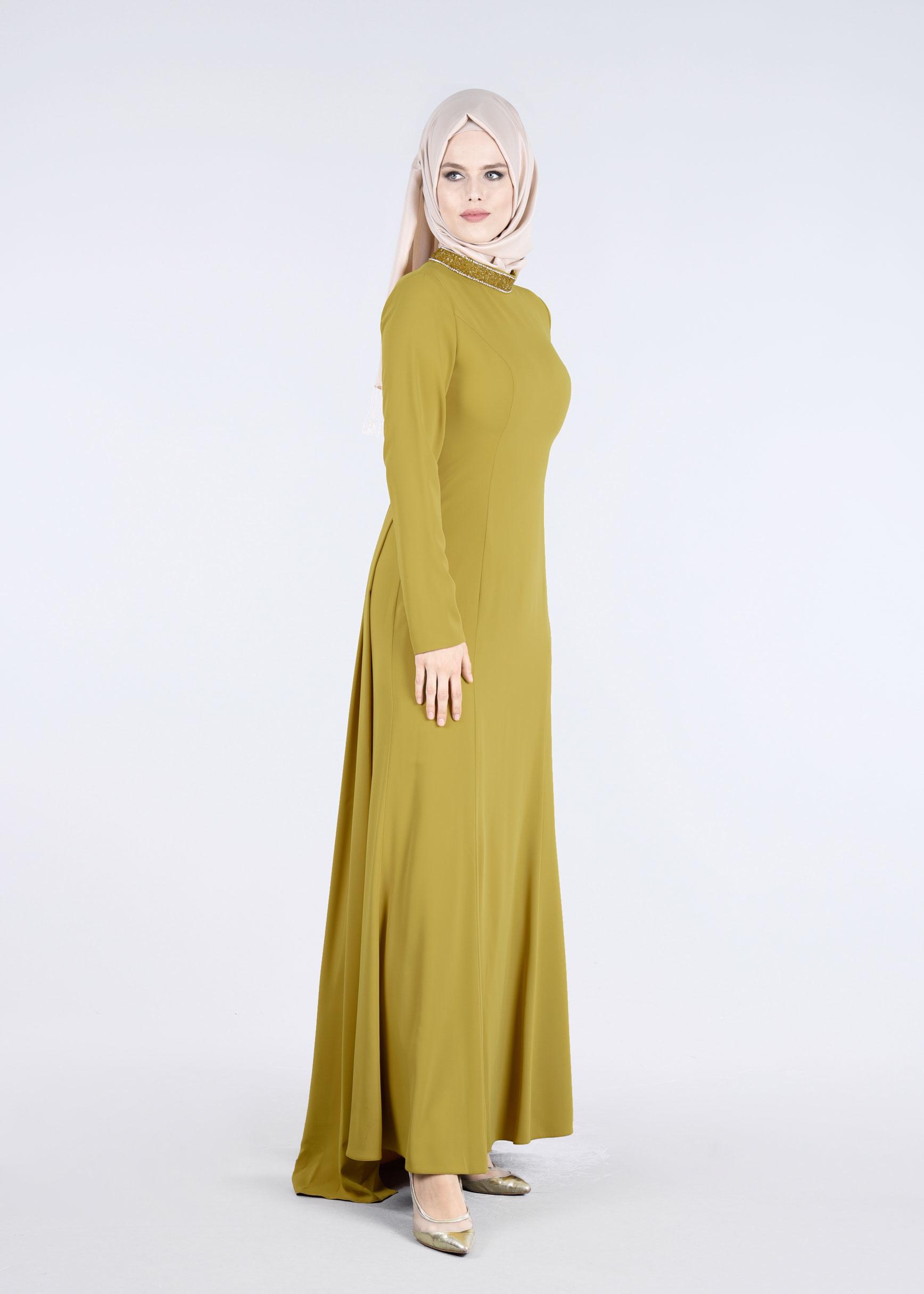 Tesettür giyim YEŞİL YAKASI TAŞ İŞLEMELİ ABİYE ELBİSE 5182