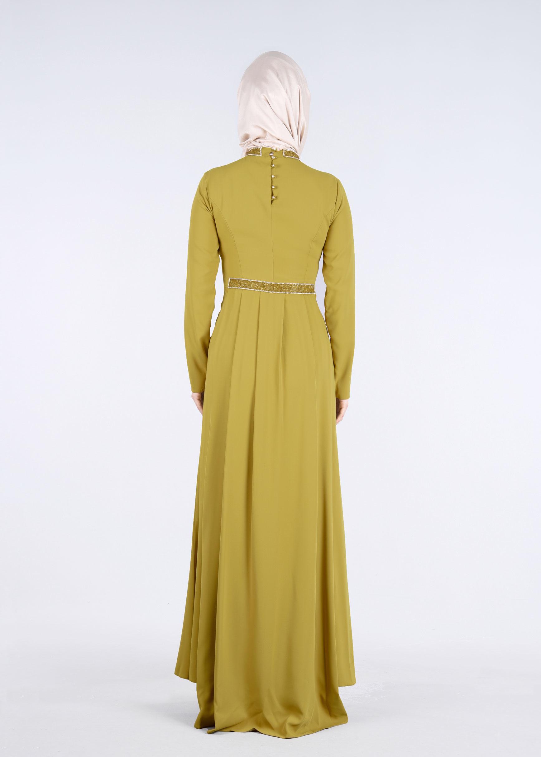 Tesettür giyim YEŞİL YAKASI TAŞ İŞLEMELİ ABİYE ELBİSE 5182