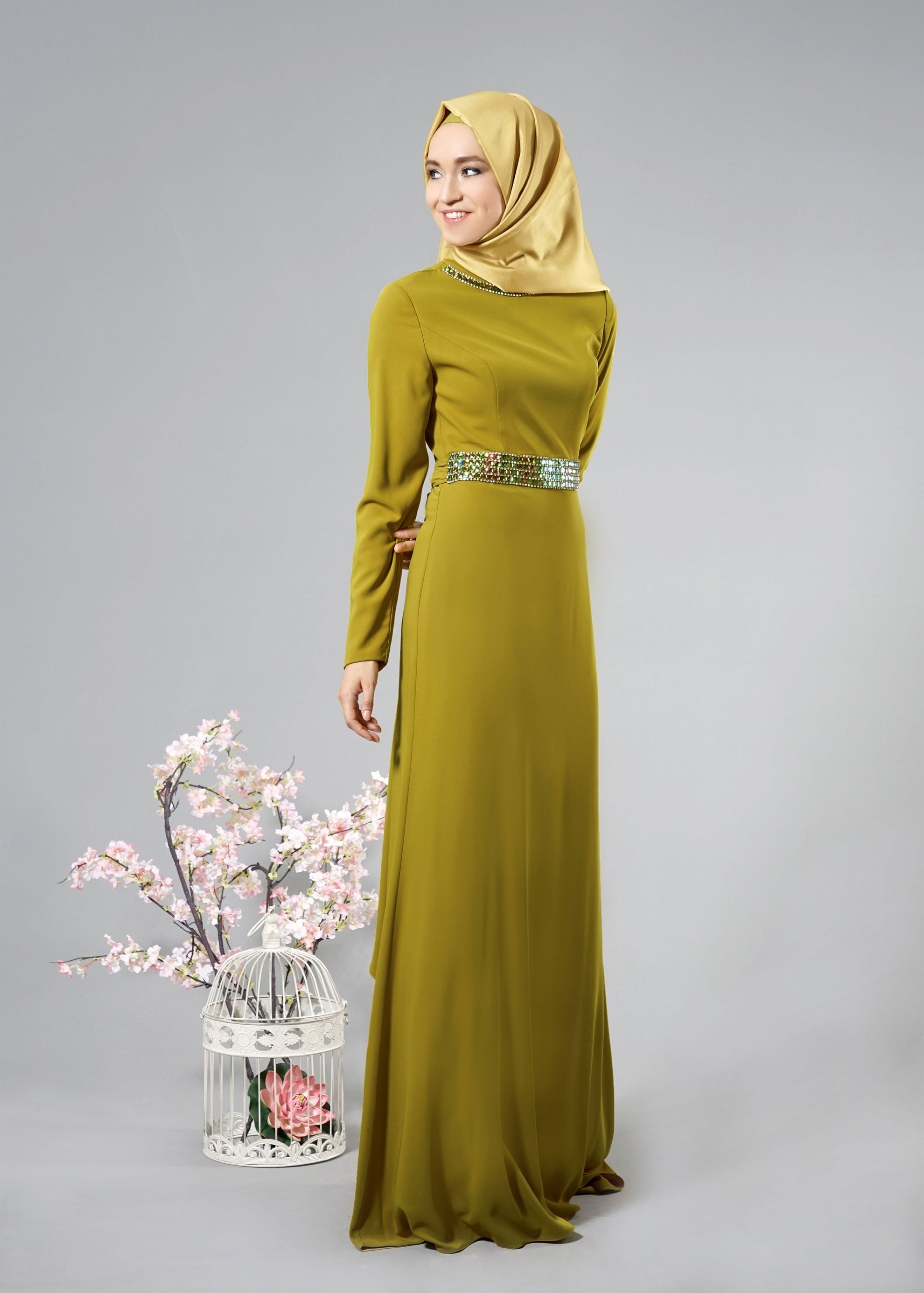 Tesettür giyim YEŞİL TAŞ İŞLEME DETAYLI ABİYE ELBİSE 5183