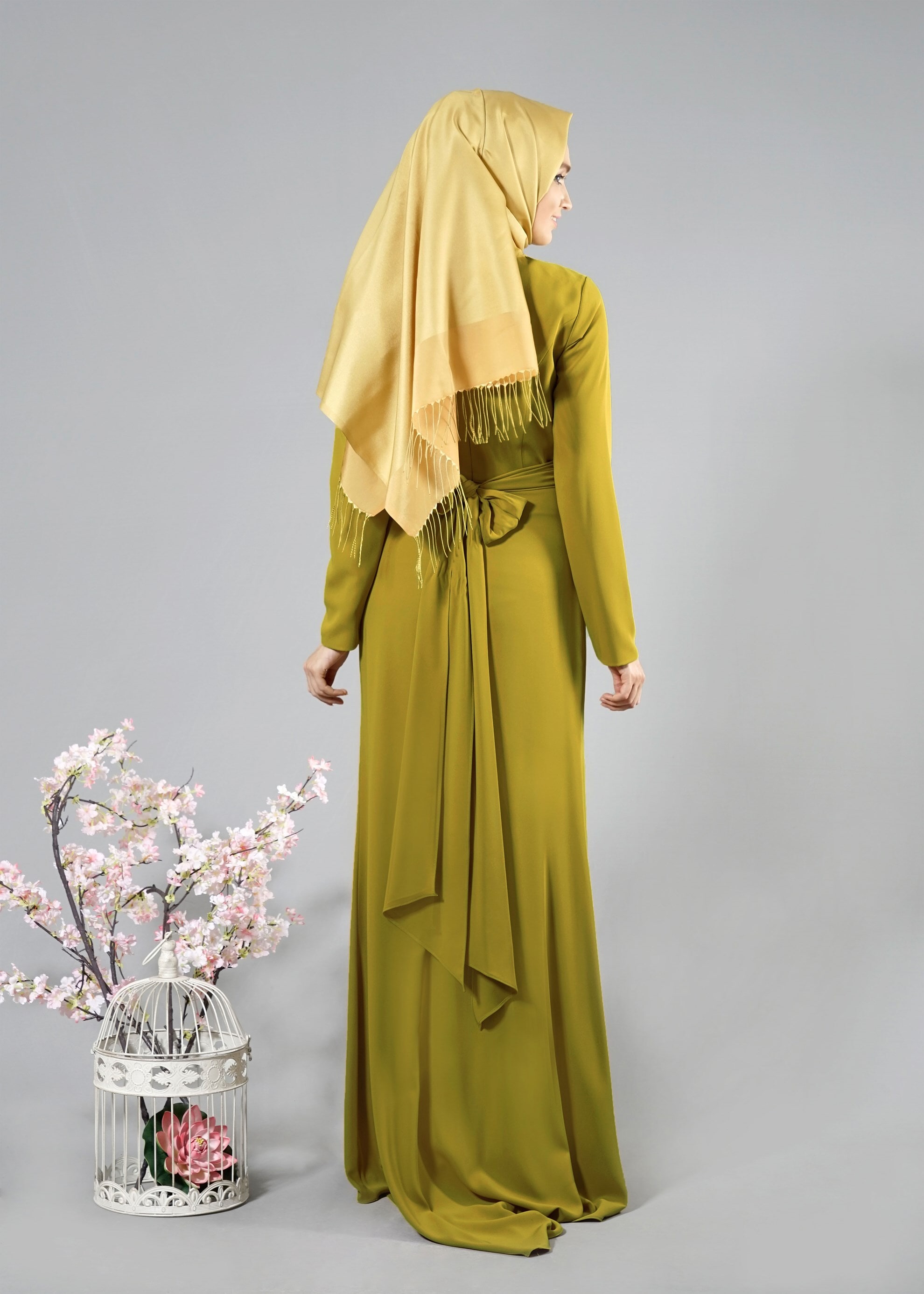 Tesettür giyim YEŞİL TAŞ İŞLEME DETAYLI ABİYE ELBİSE 5183